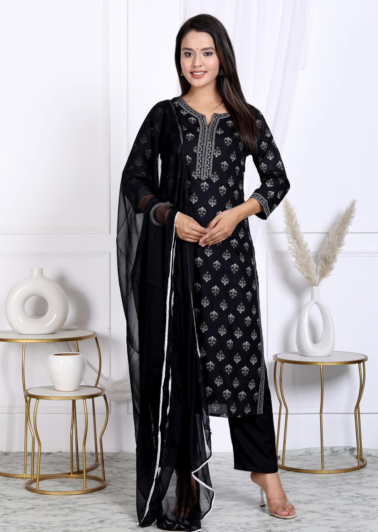 Black Rayon Printed Women Round Neck Straight Kurta Pant and Dupatta Set
