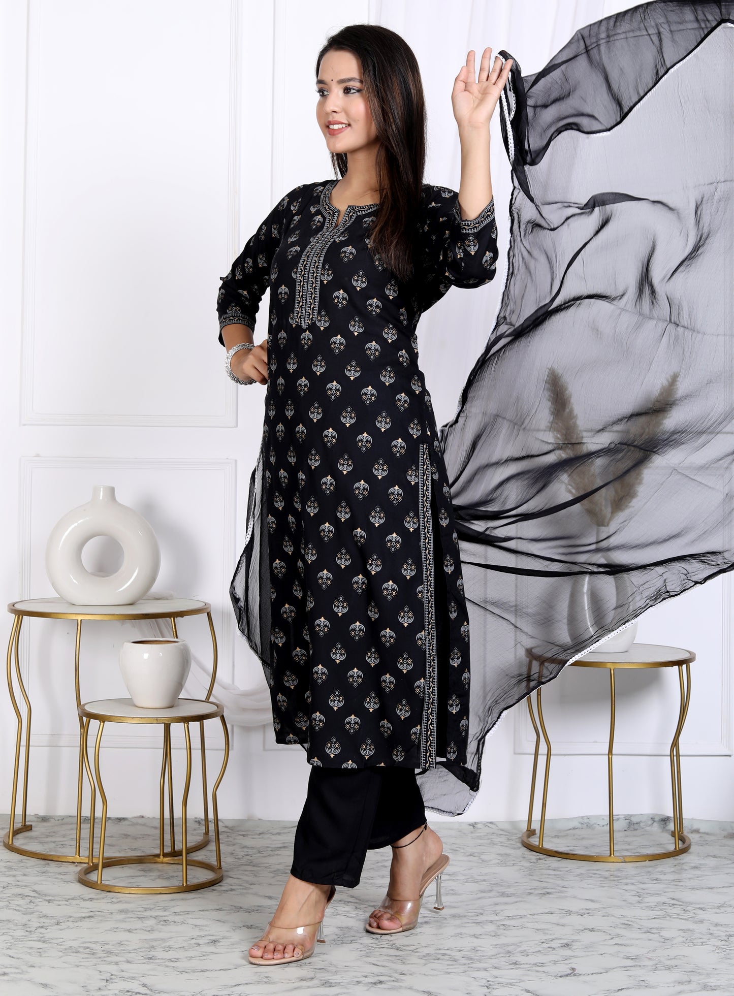 Black Rayon Printed Women Round Neck Straight Kurta Pant and Dupatta Set