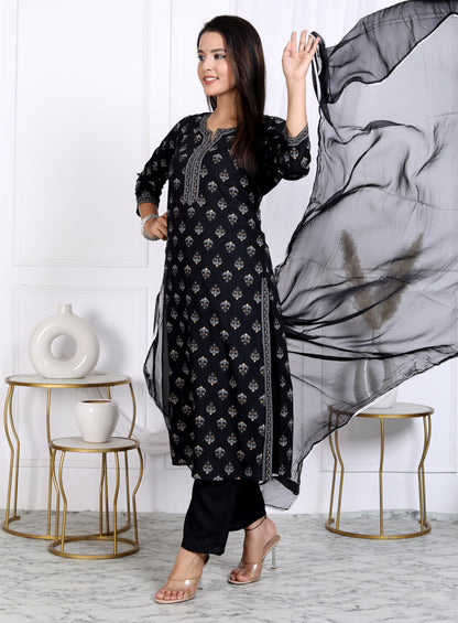 Black Rayon Printed Women Round Neck Straight Kurta Pant and Dupatta Set