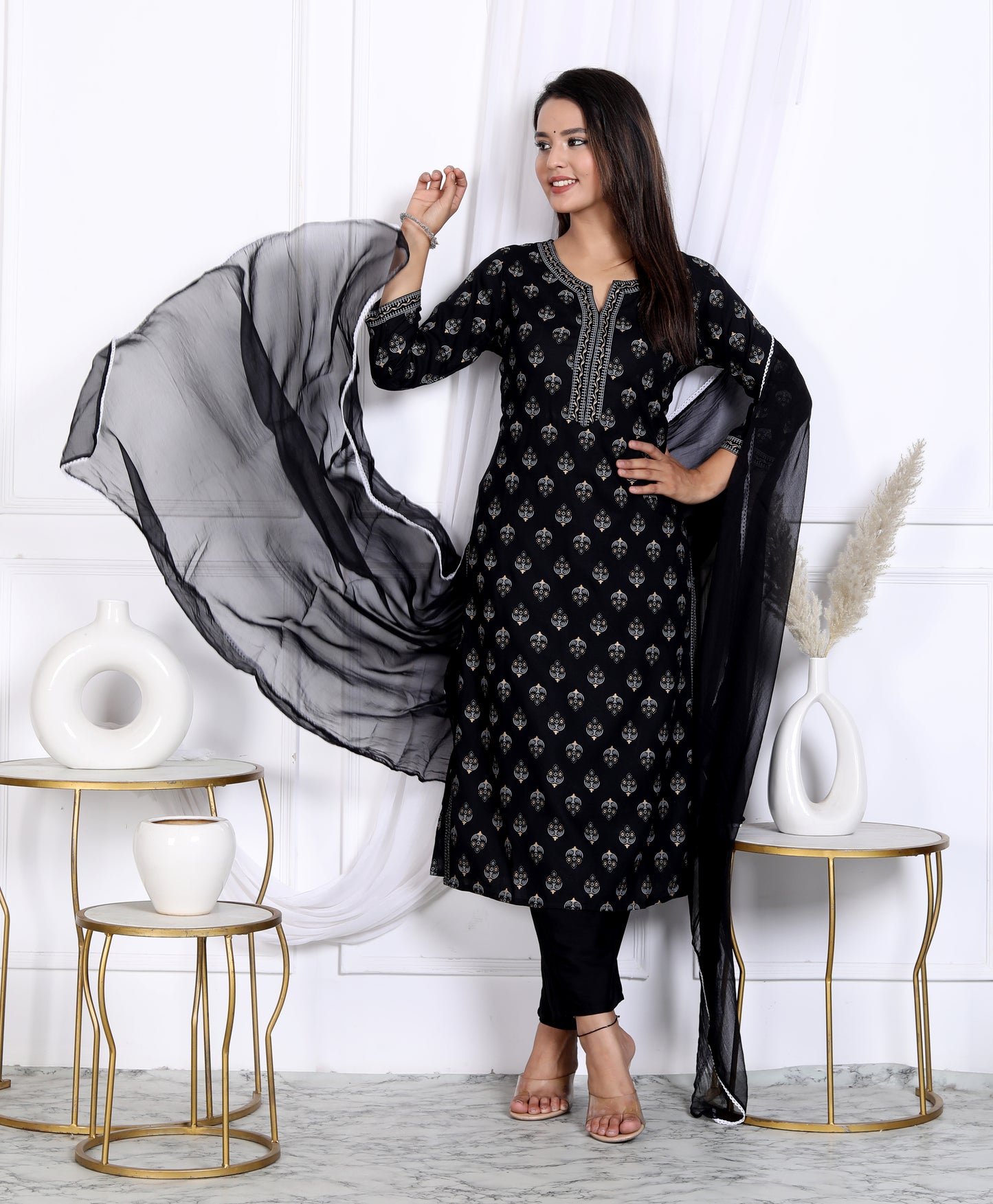 Black Rayon Printed Women Round Neck Straight Kurta Pant and Dupatta Set