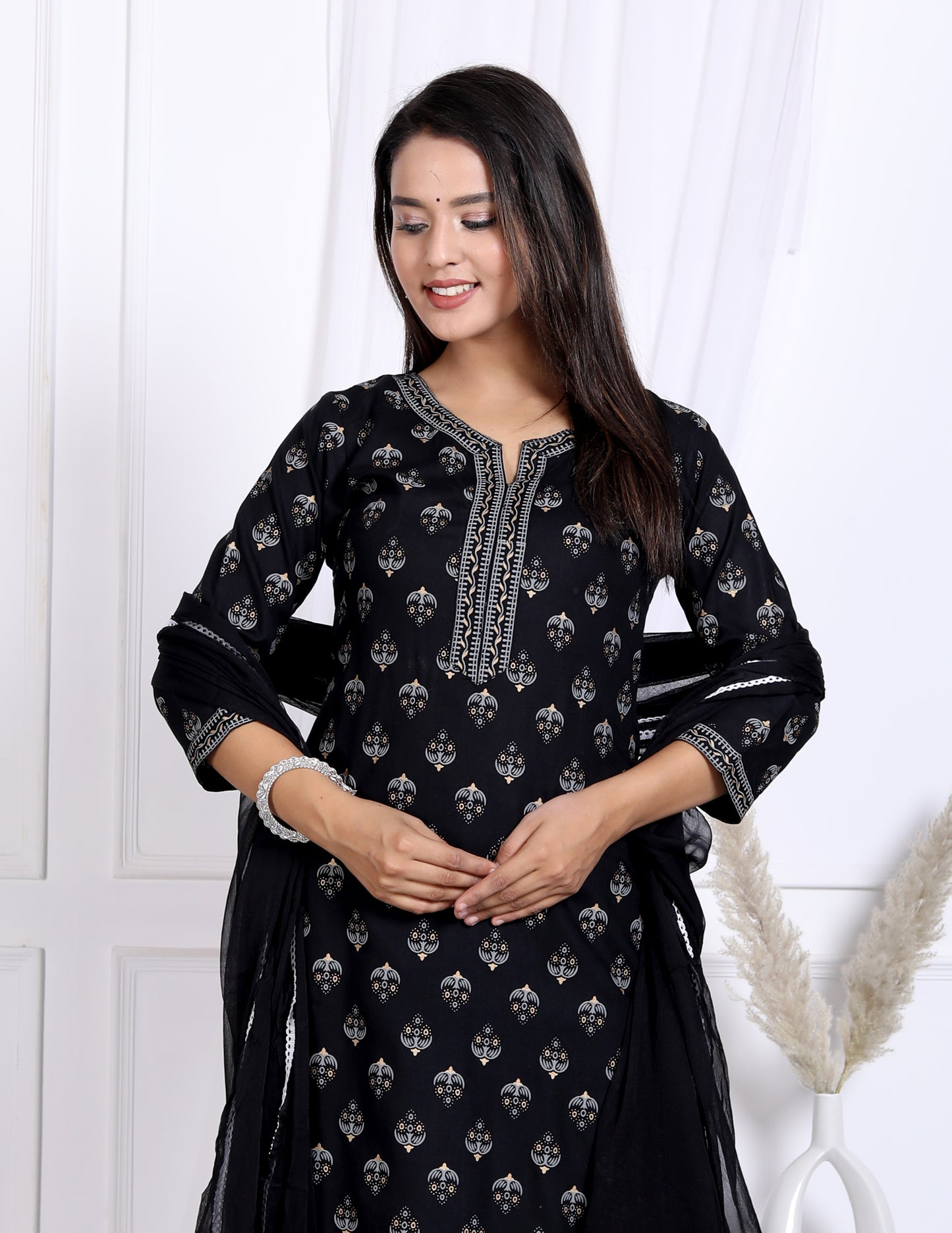 Black Rayon Printed Women Round Neck Straight Kurta Pant and Dupatta Set