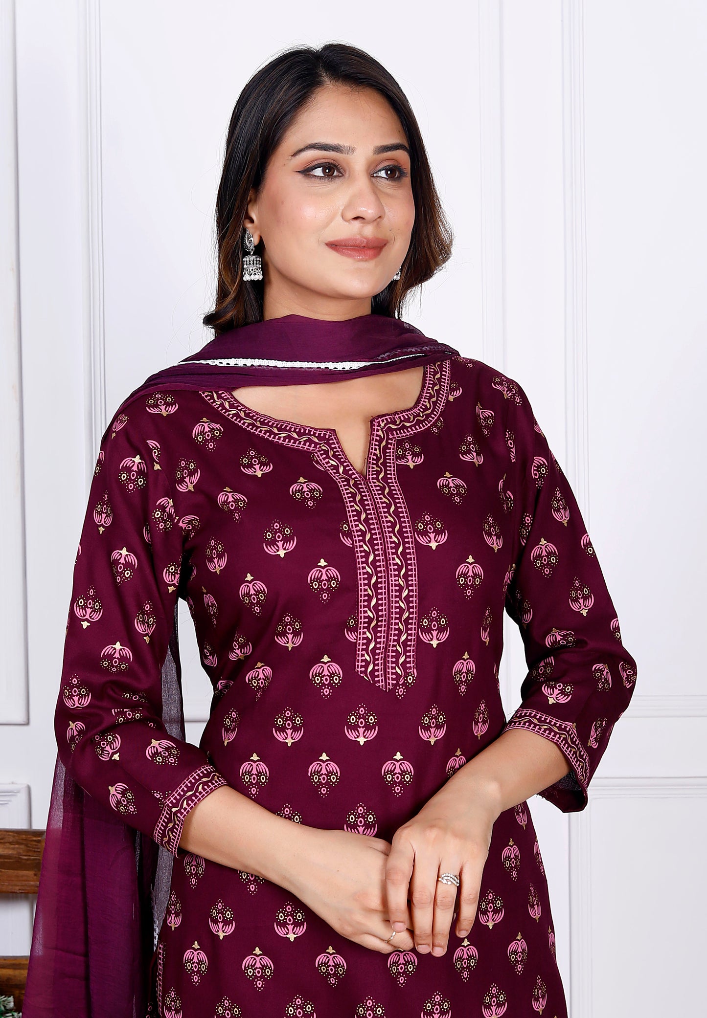 Wine Rayon Printed Women Round Neck Straight Kurta Pant and Dupatta Set