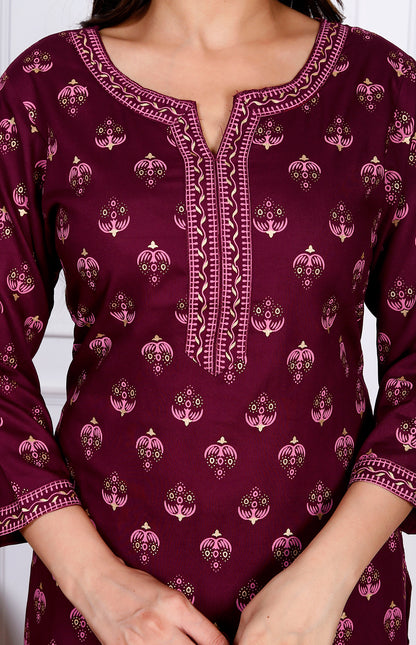 Wine Rayon Printed Women Round Neck Straight Kurta Pant and Dupatta Set