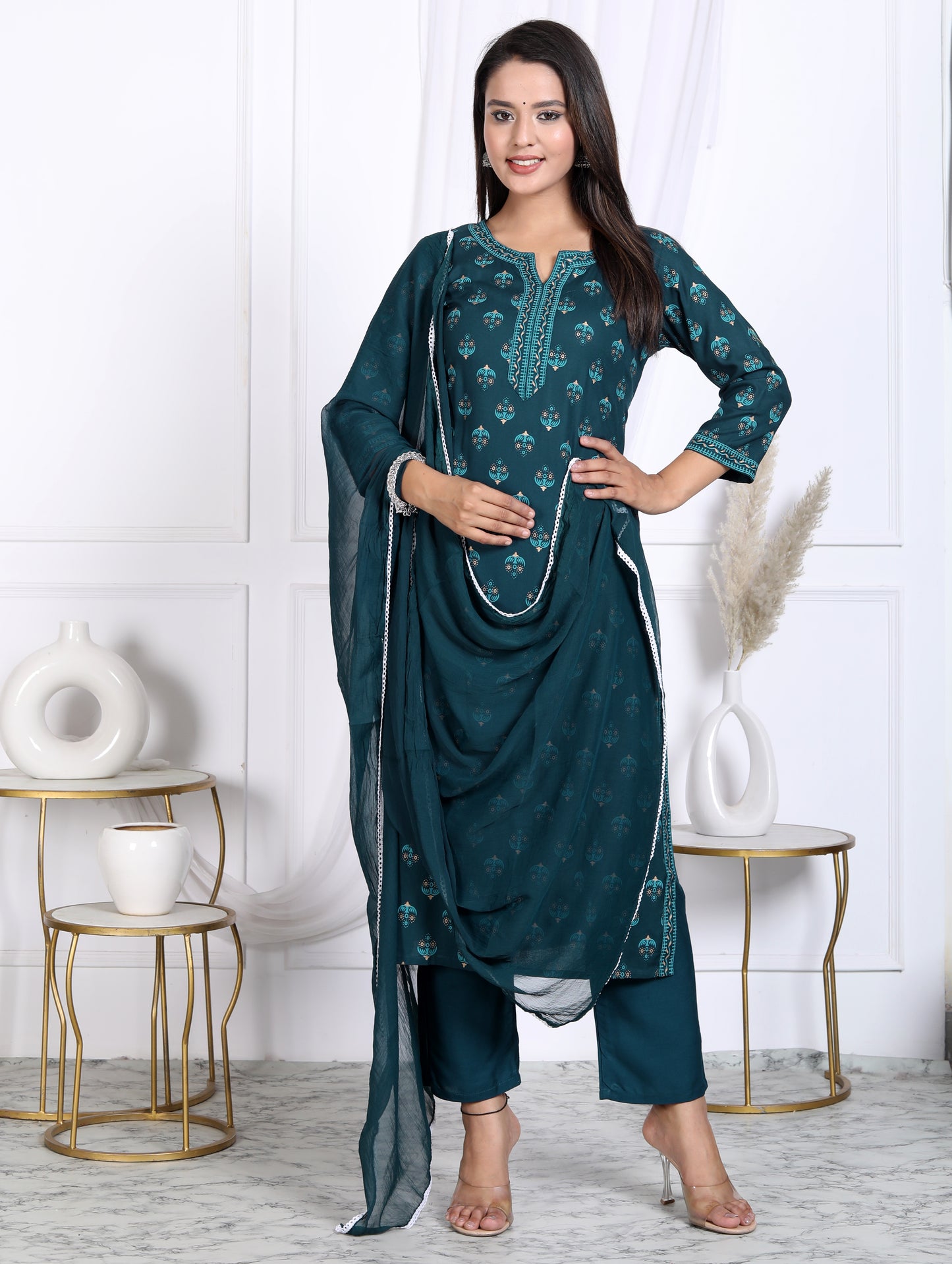 Teal Rayon Printed Women Round Neck Straight Kurta Pant and Dupatta Set