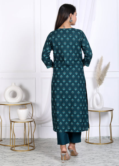 Teal Rayon Printed Women Round Neck Straight Kurta Pant and Dupatta Set