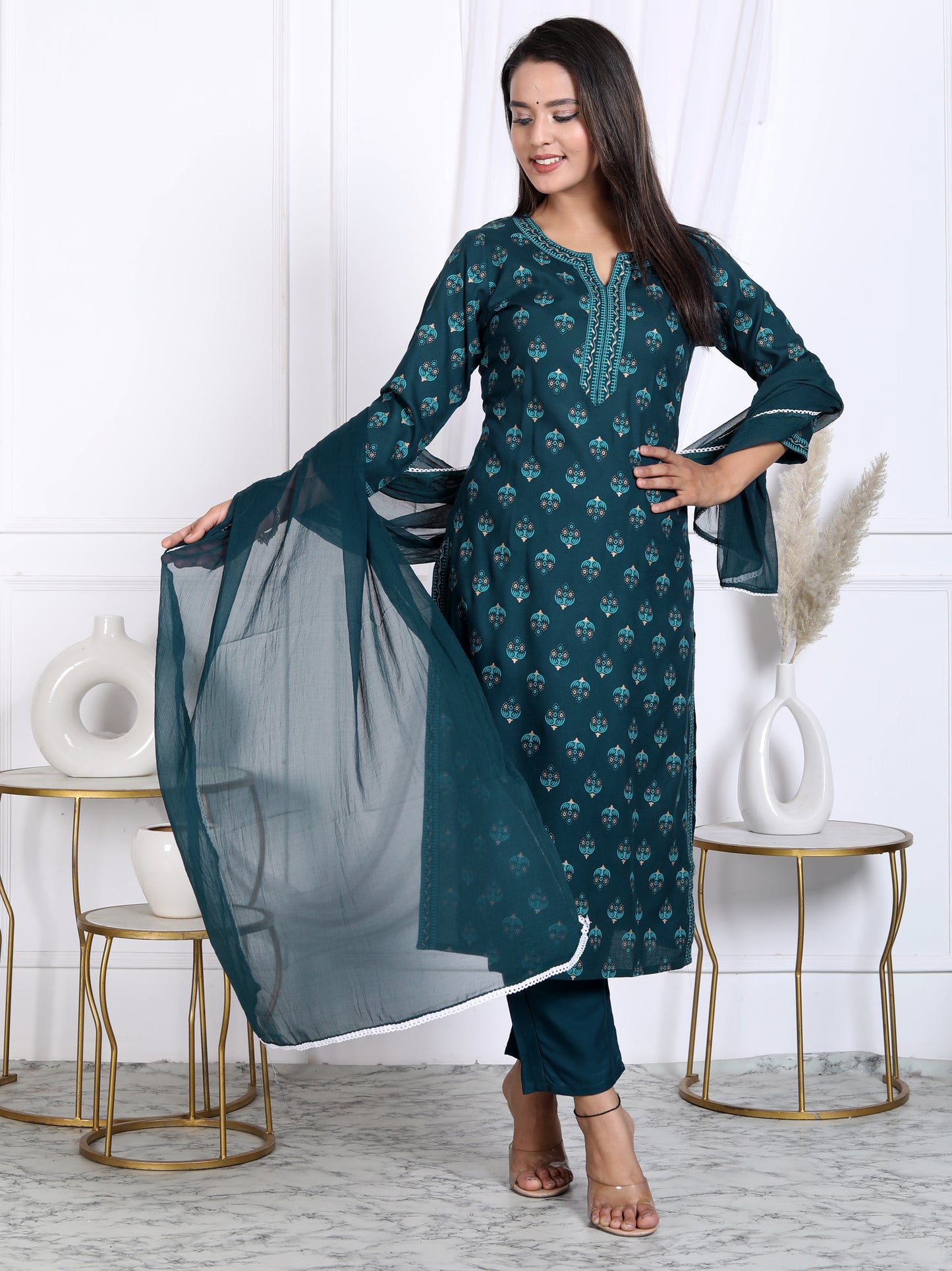 Teal Rayon Printed Women Round Neck Straight Kurta Pant and Dupatta Set