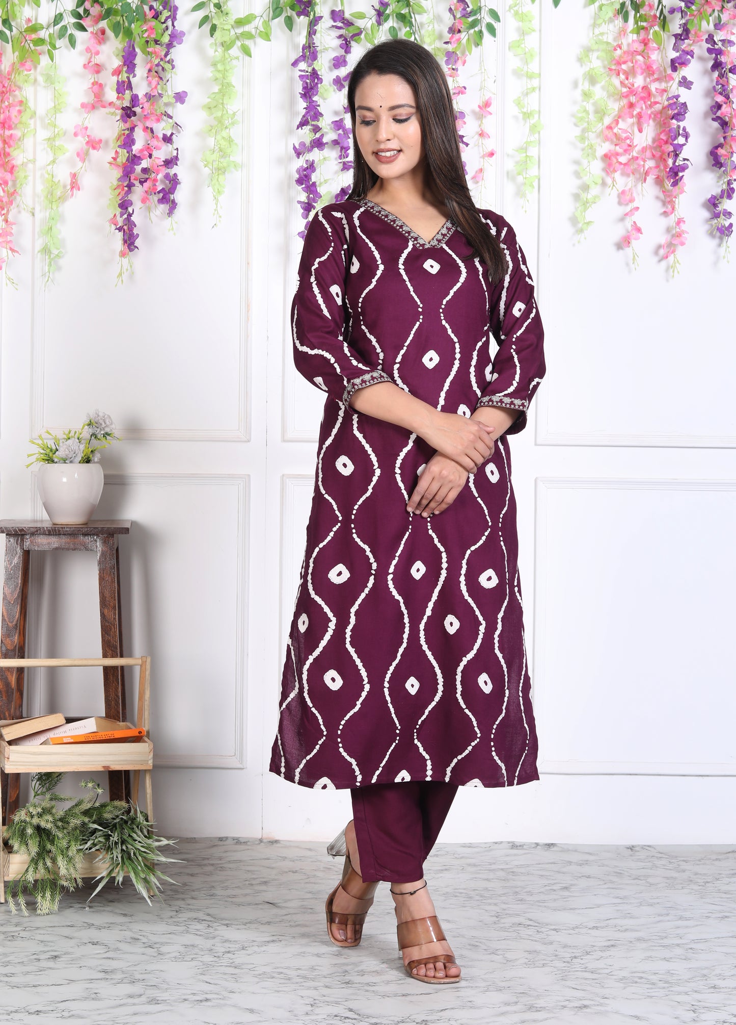 Wine Lehriya Printed Women Embroidered V neck Staright Kurta Pant and Dupatta Set