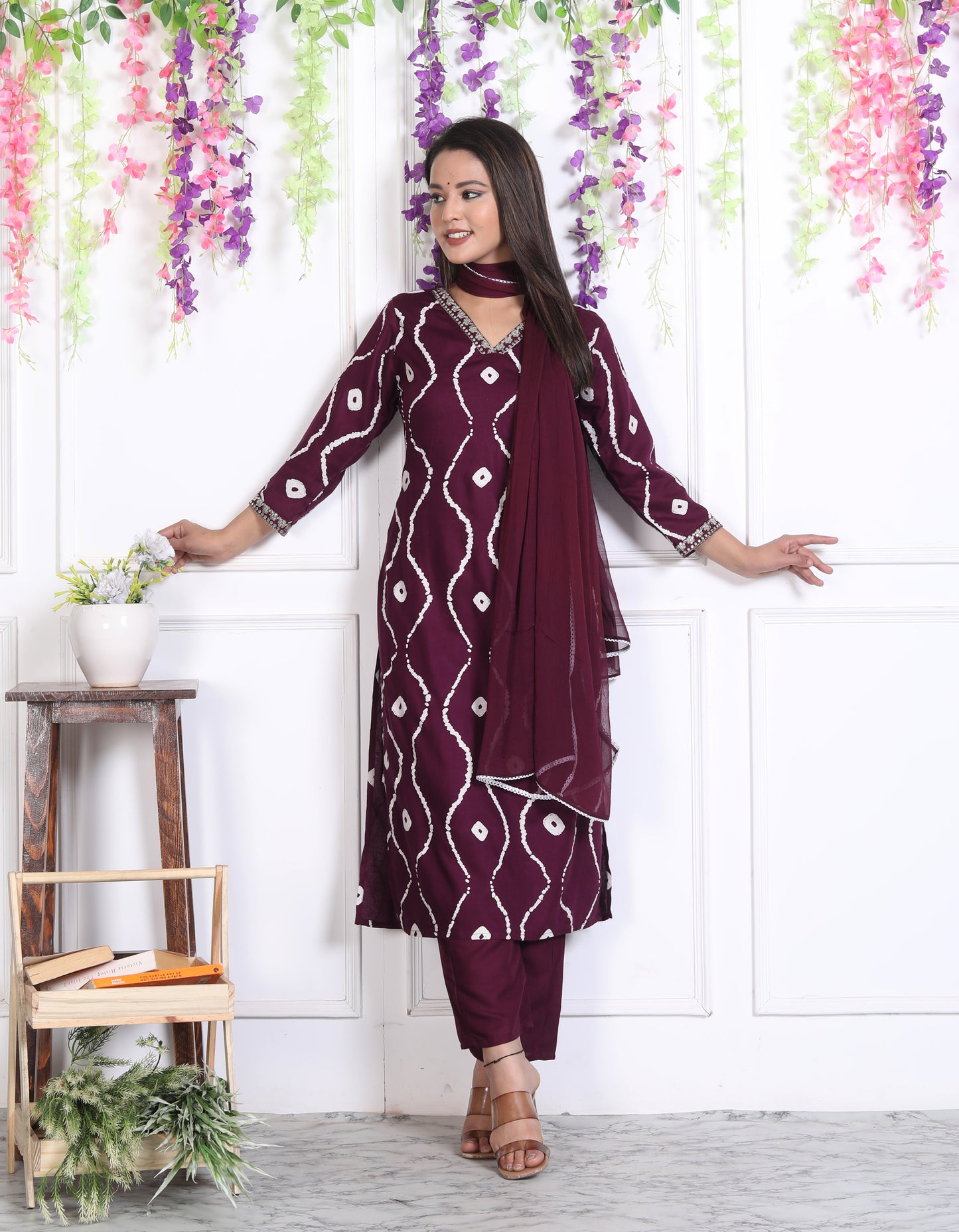 Wine Lehriya Printed Women Embroidered V neck Staright Kurta Pant and Dupatta Set