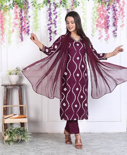 Wine Lehriya Printed Women Embroidered V neck Staright Kurta Pant and Dupatta Set