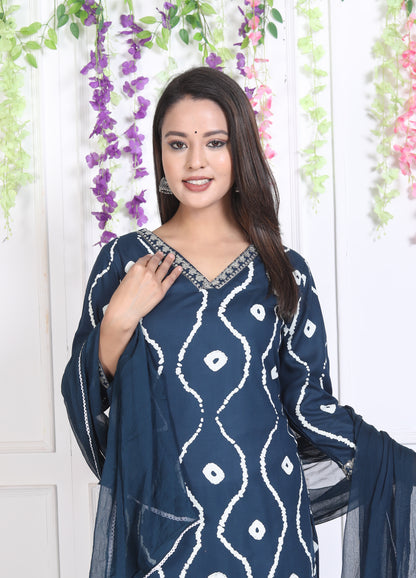 Teal Lehriya Printed Women Embroidered V neck Staright Kurta Pant and Dupatta Set