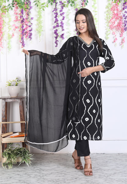 Black Lehriya Printed Women Embroidered V neck Staright Kurta Pant and Dupatta Set