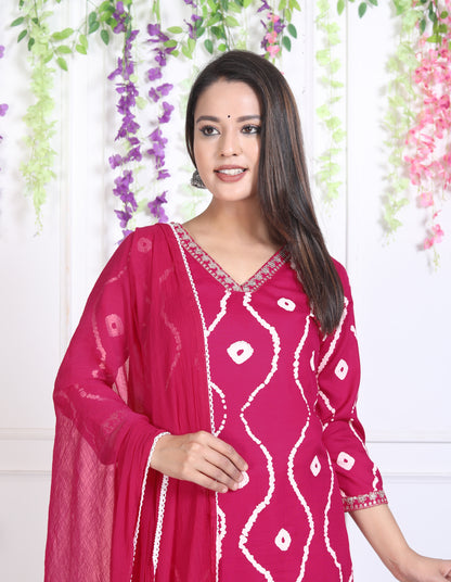 Pink Lehriya Printed Women Embroidered V neck Staright Kurta Set