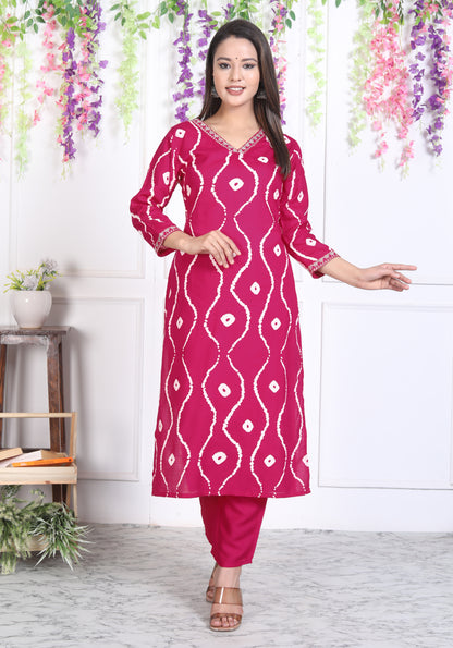 Pink Lehriya Printed Women Embroidered V neck Staright Kurta Set
