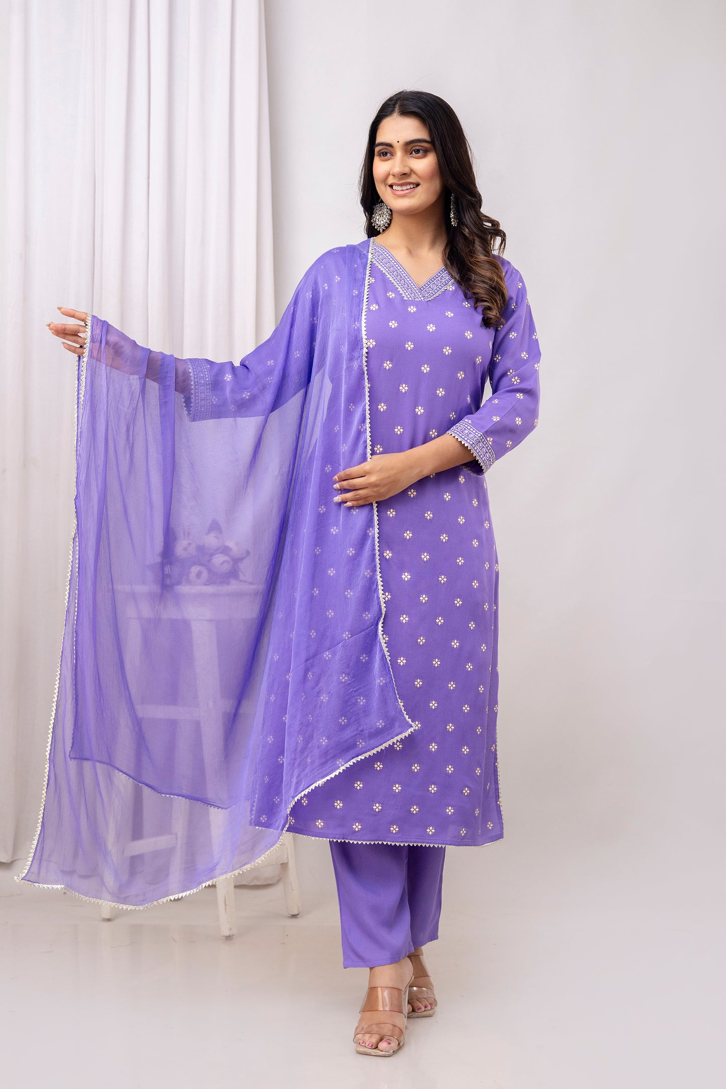 Purple Embroidered V Neck Women Straight Rayon Kurta Pant and Dupatta Set
