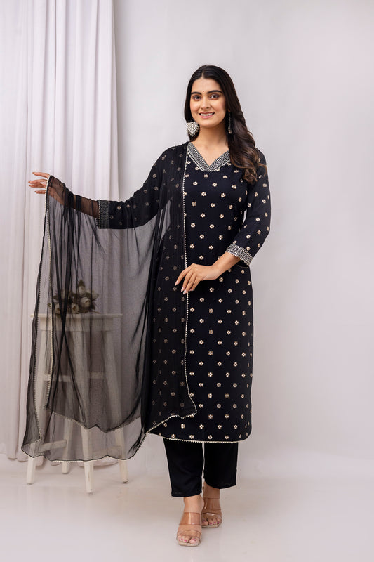 Black Embroidered V Neck Women Straight Rayon Kurta Pant and Dupatta Set