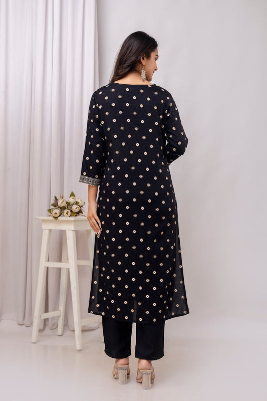 Black Embroidered V Neck Women Straight Rayon Kurta Pant and Dupatta Set