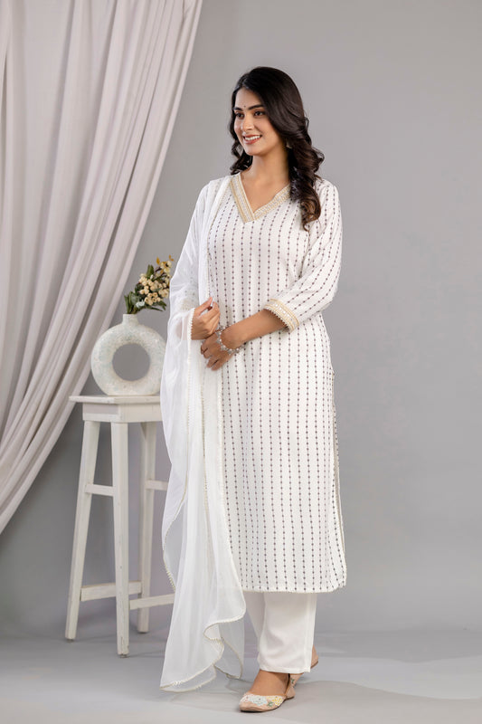 White Embroidered V Neck Women Straight Rayon Kurta Pant and Dupatta Set