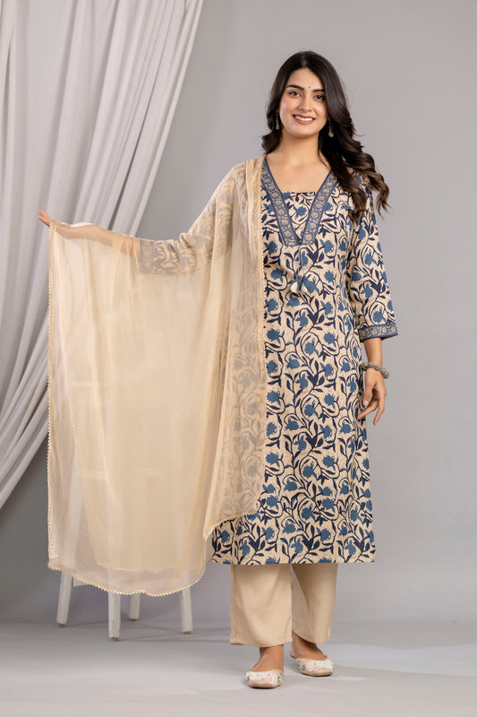 Teal Dabu Printed Rayon Printed Straight Women Kurta Pant and Dupatta Set