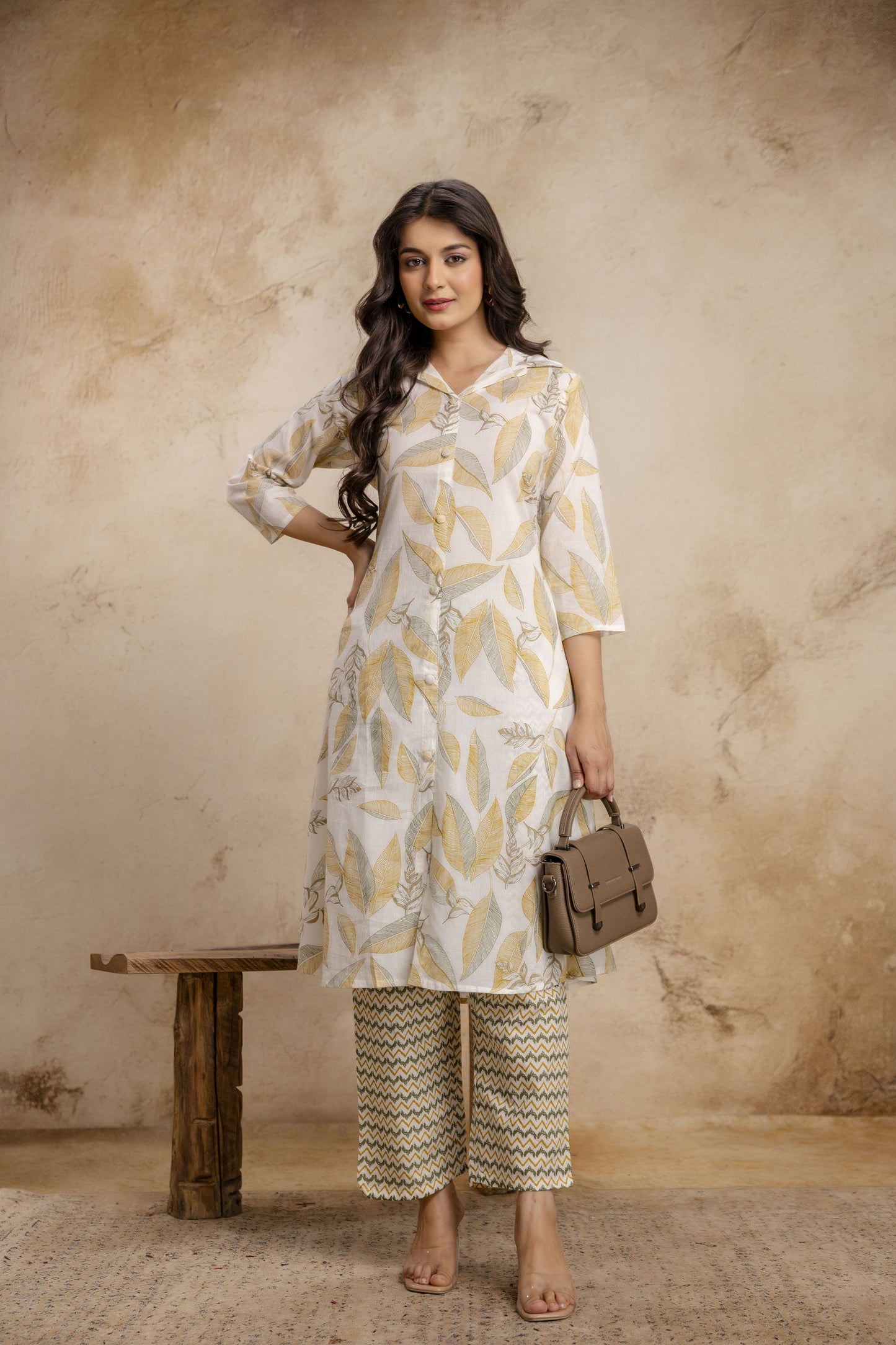 Veshviti Women Off White & Mustard Leaf Print Straight Kurta Set with Pants | Designer Ethnic Wear