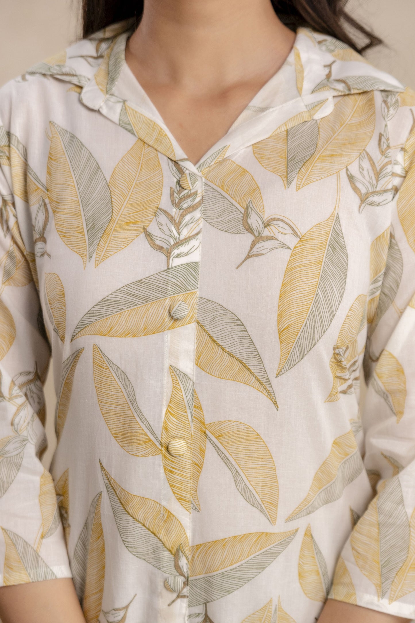 Veshviti Women Off White & Mustard Leaf Print Straight Kurta Set with Pants | Designer Ethnic Wear