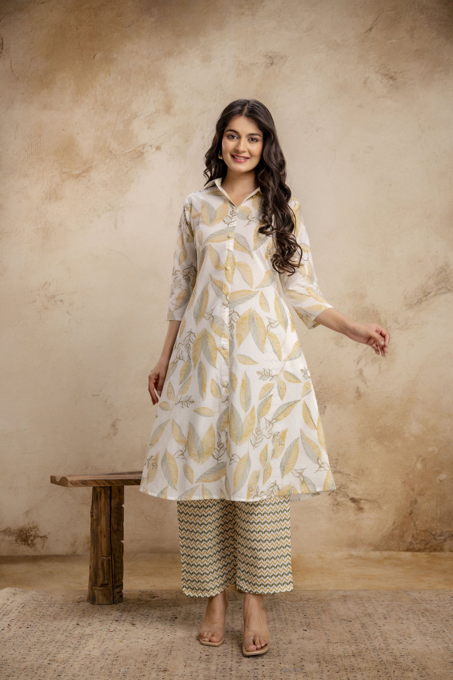 Veshviti Women Off White & Mustard Leaf Print Straight Kurta Set with Pants | Designer Ethnic Wear