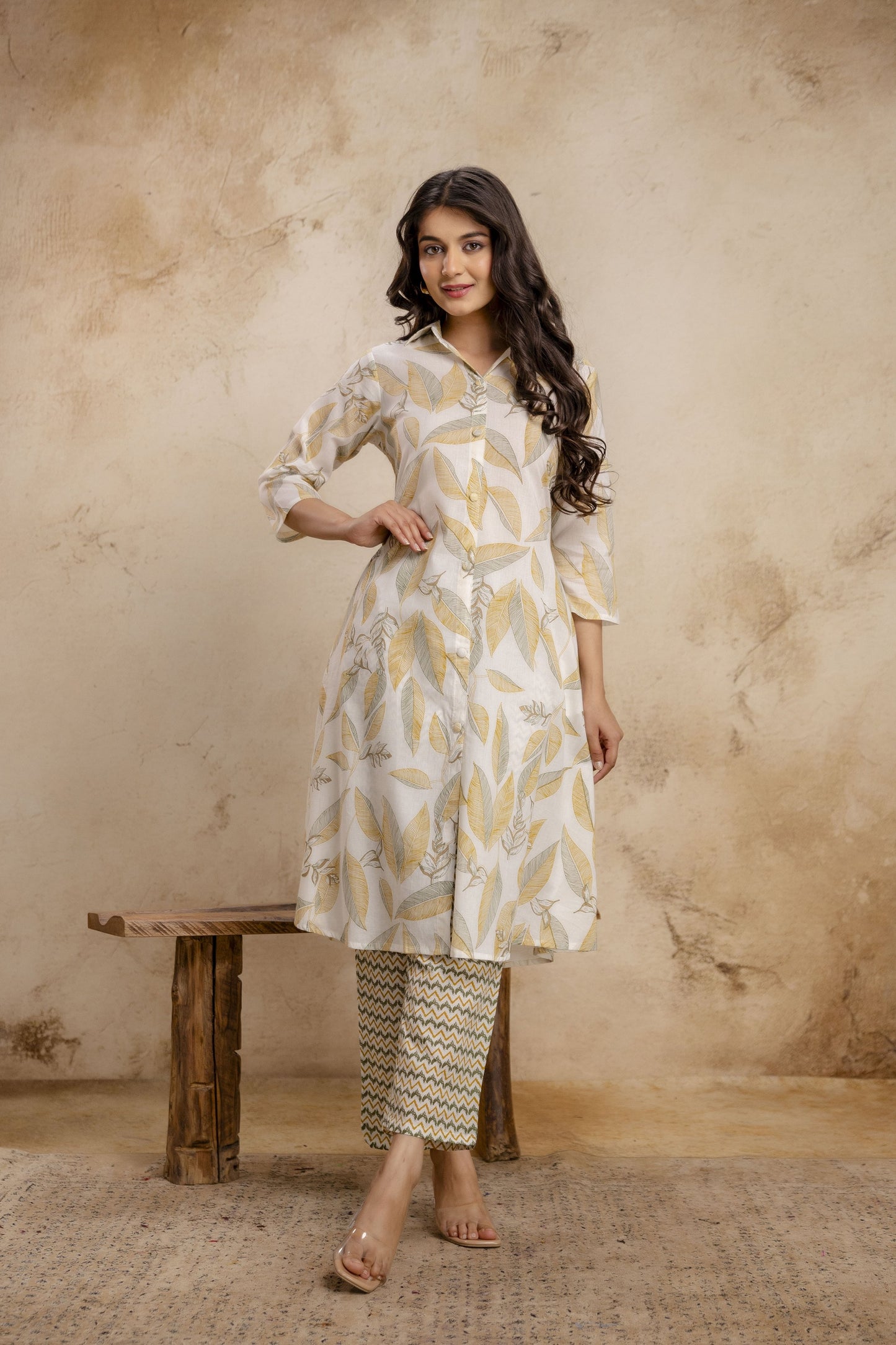 Veshviti Women Off White & Mustard Leaf Print Straight Kurta Set with Pants | Designer Ethnic Wear
