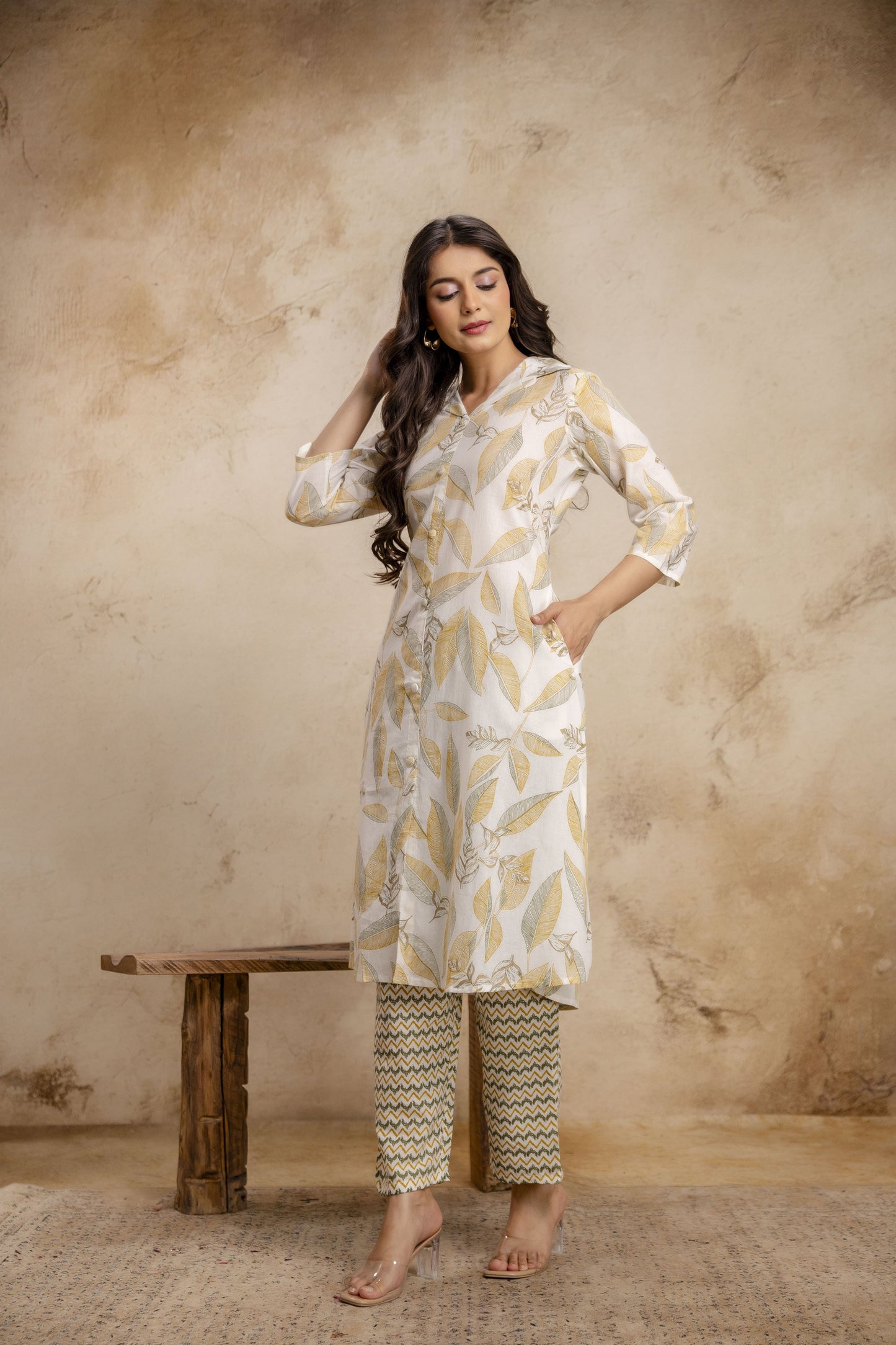 Veshviti Women Off White & Mustard Leaf Print Straight Kurta Set with Pants | Designer Ethnic Wear