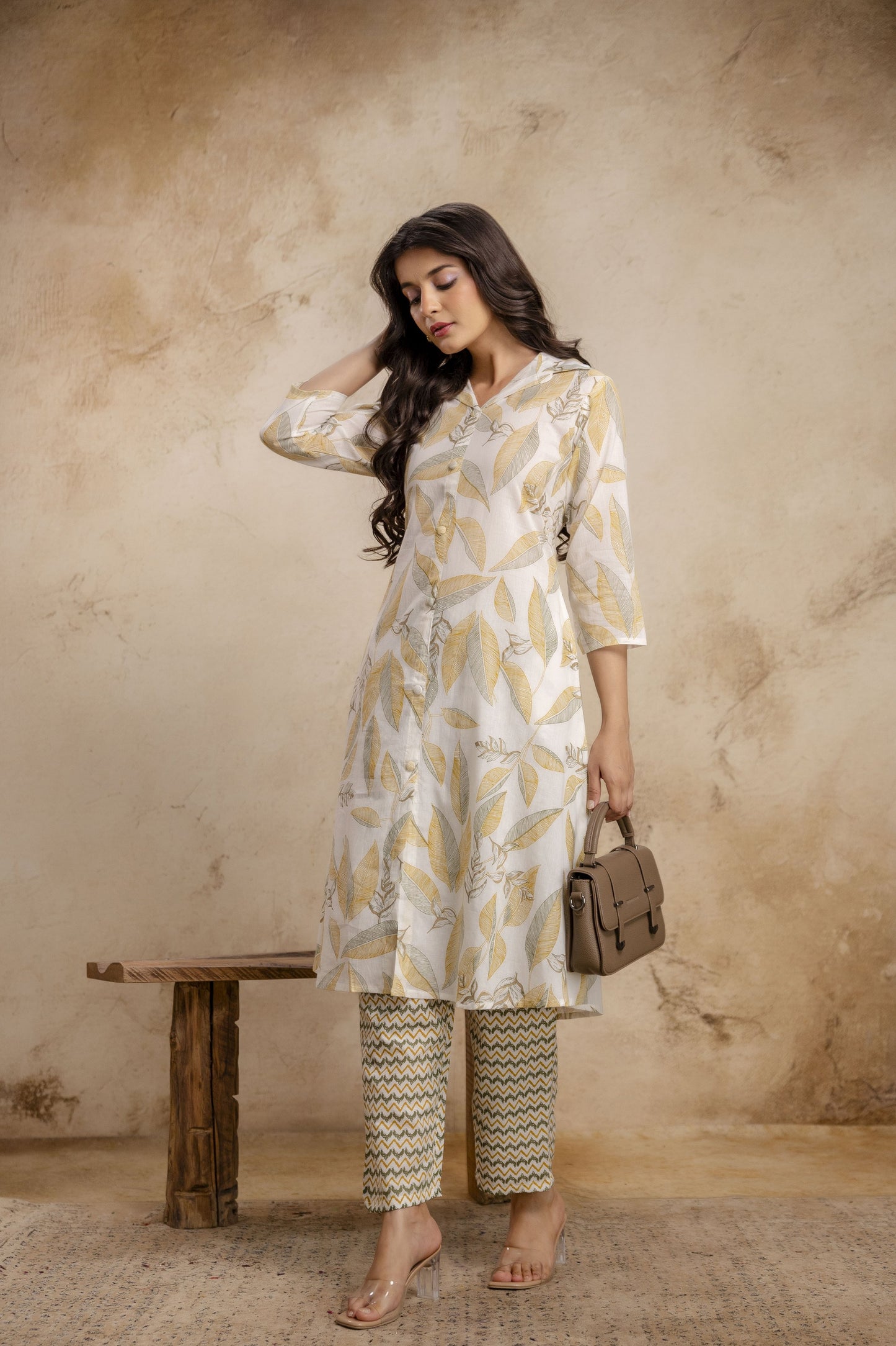 Veshviti Women Off White & Mustard Leaf Print Straight Kurta Set with Pants | Designer Ethnic Wear