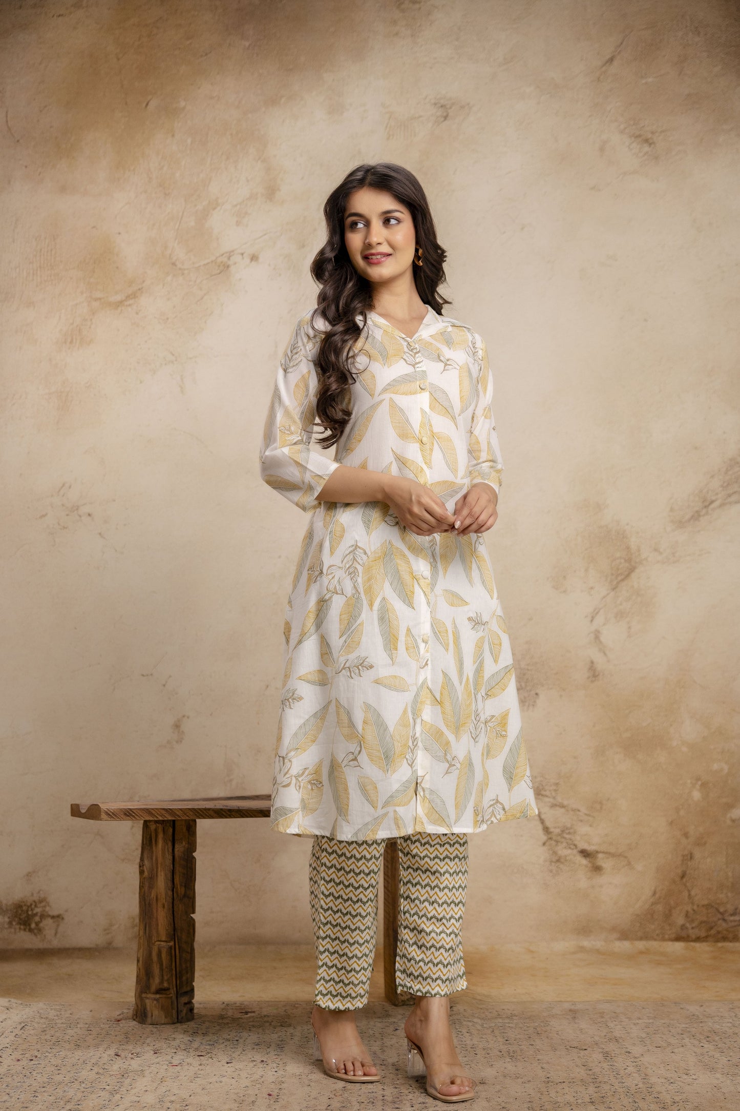 Veshviti Women Off White & Mustard Leaf Print Straight Kurta Set with Pants | Designer Ethnic Wear