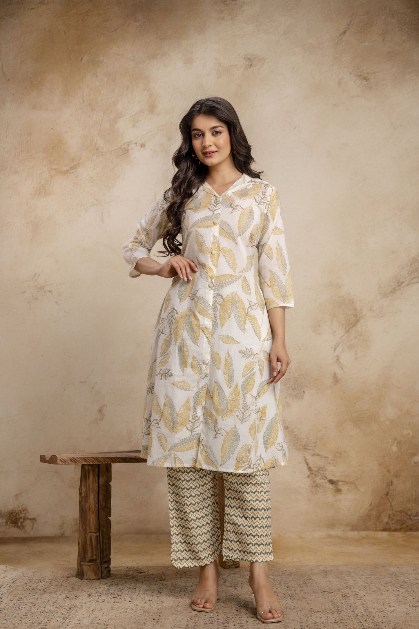 Veshviti Women Off White & Mustard Leaf Print Straight Kurta Set with Pants | Designer Ethnic Wear