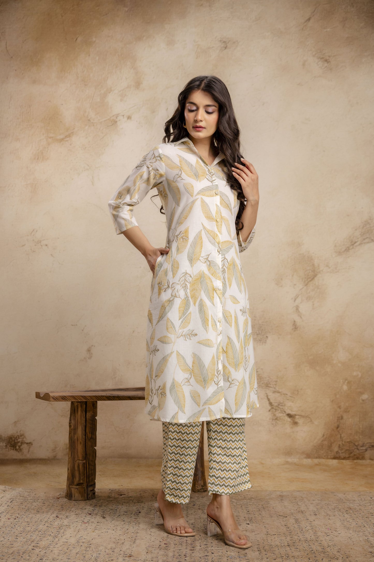Veshviti Women Off White & Mustard Leaf Print Straight Kurta Set with Pants | Designer Ethnic Wear