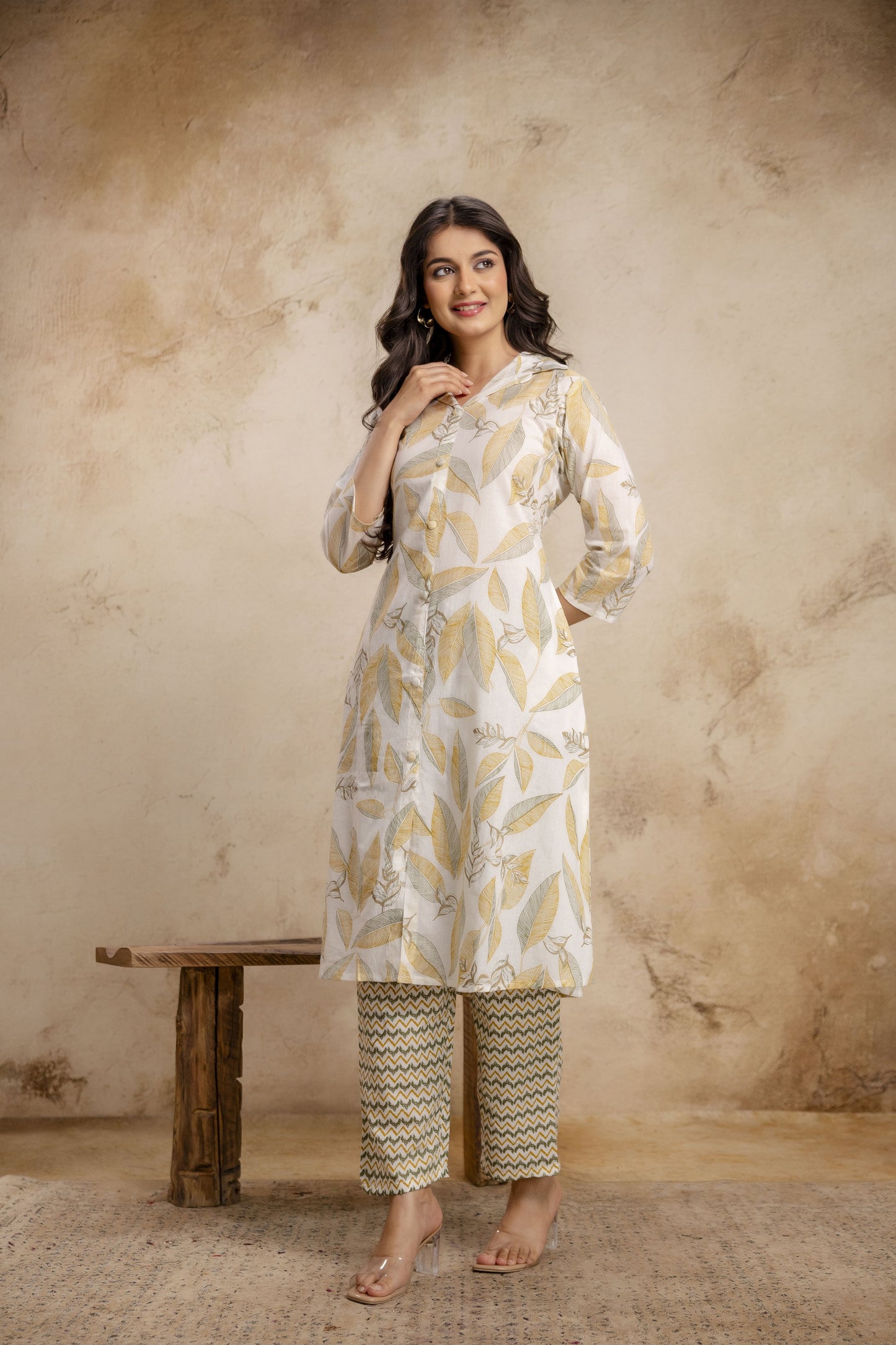 Veshviti Women Off White & Mustard Leaf Print Straight Kurta Set with Pants | Designer Ethnic Wear