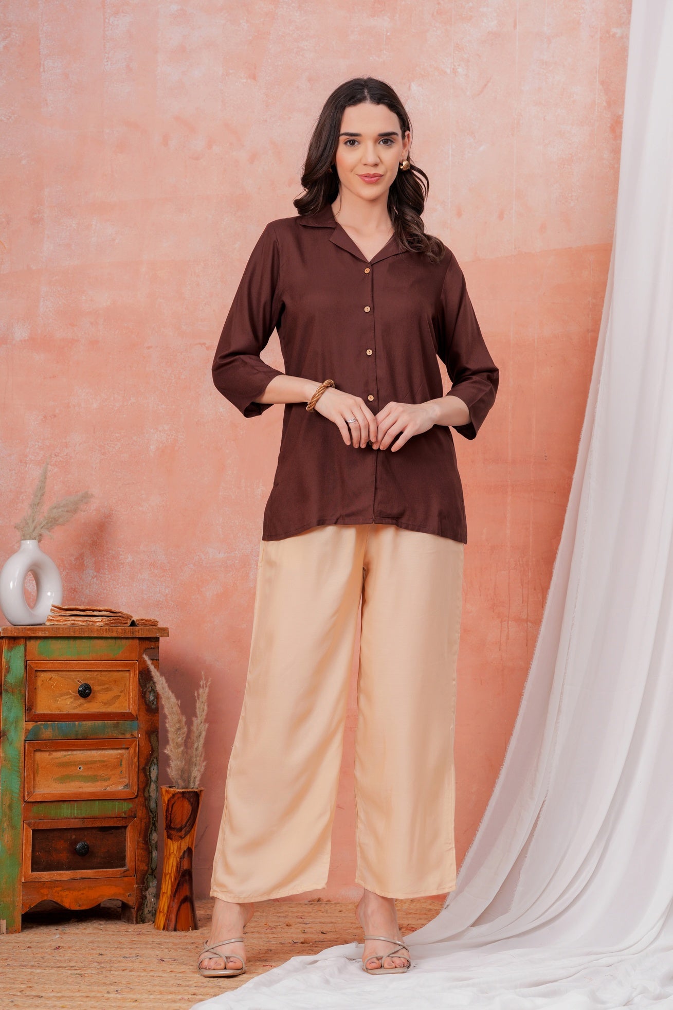 Women Brown Shirt Collar Top With Beige Palazzo Co-Ord Set