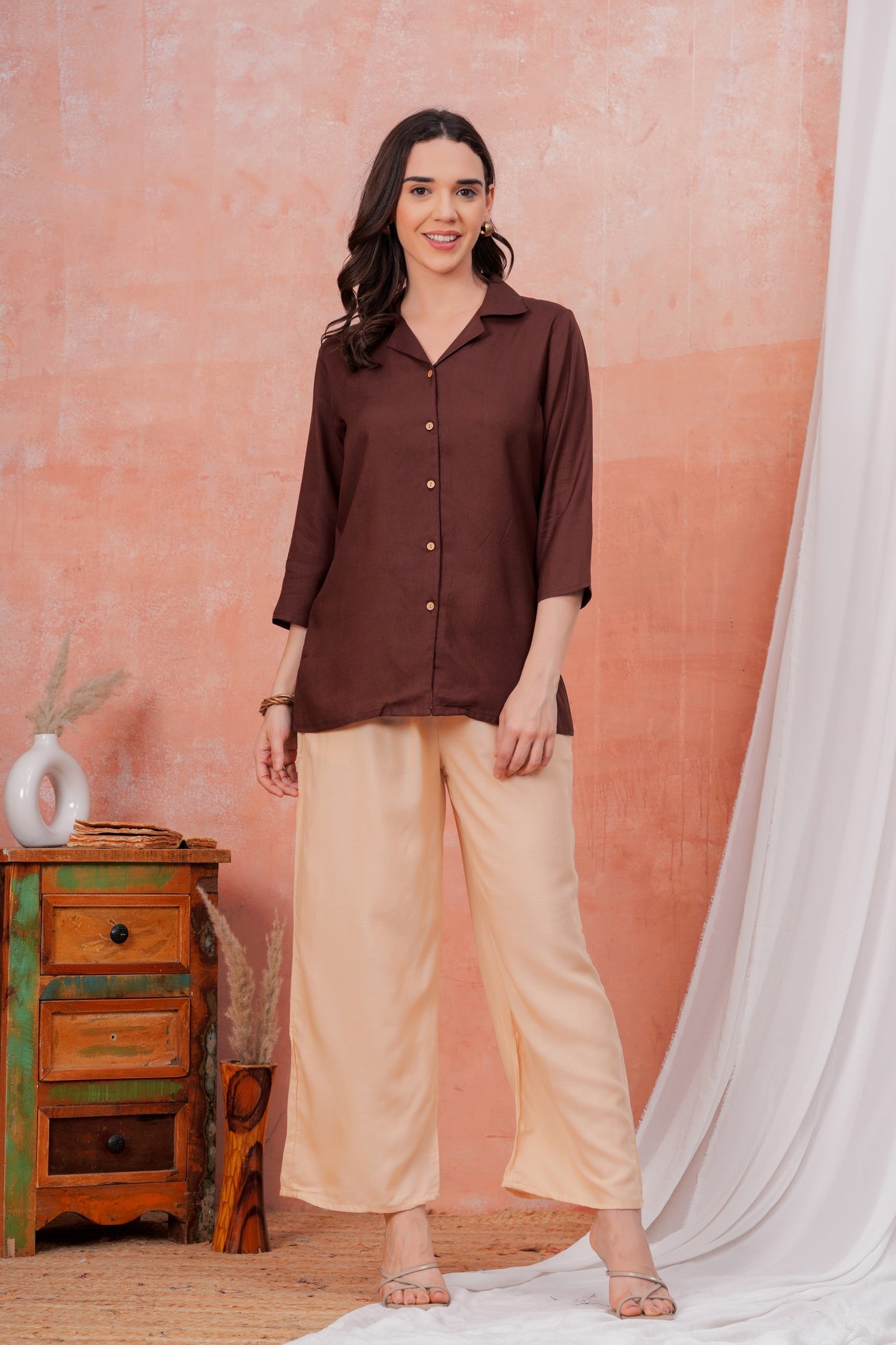 Women Brown Shirt Collar Top With Beige Palazzo Co-Ord Set