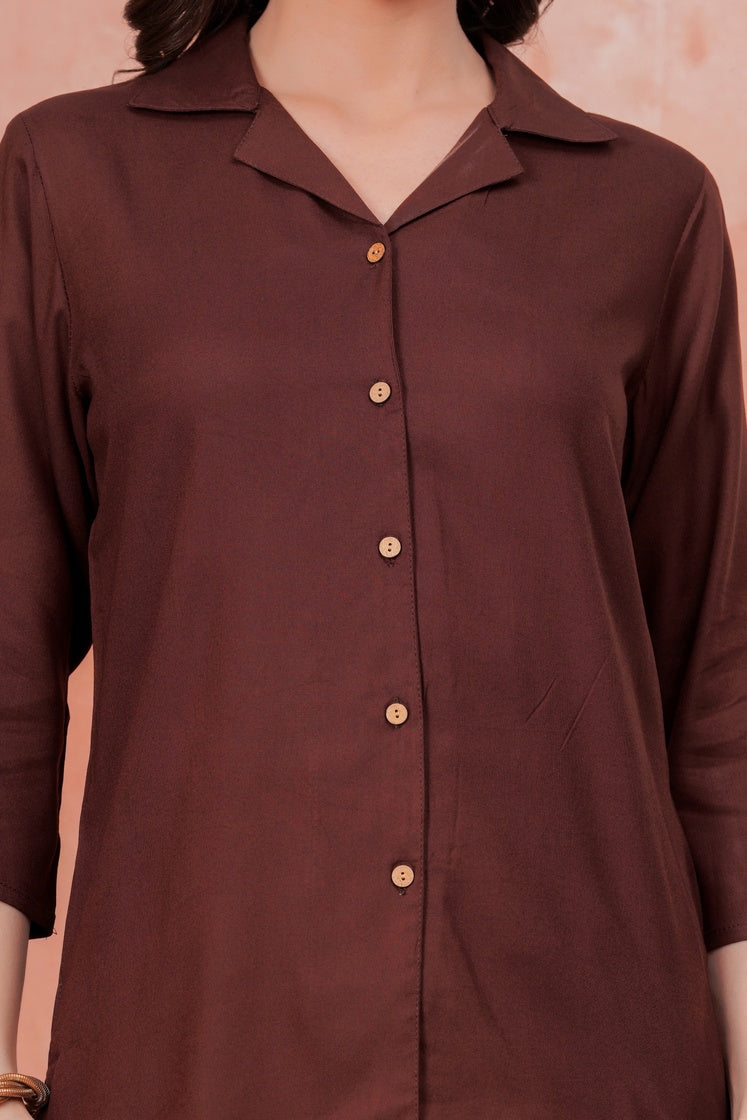 Women Brown Shirt Collar Top With Beige Palazzo Co-Ord Set