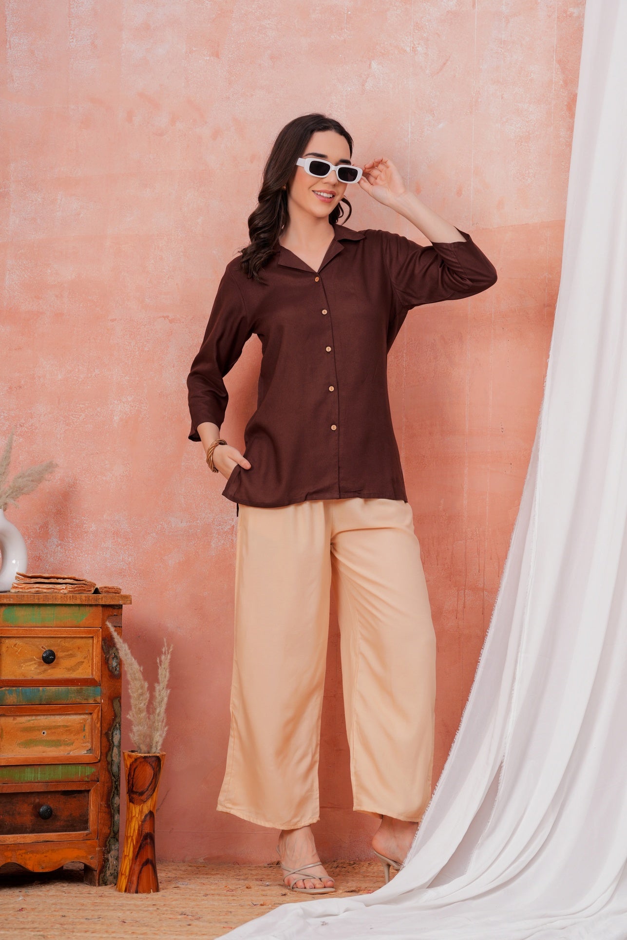 Women Brown Shirt Collar Top With Beige Palazzo Co-Ord Set