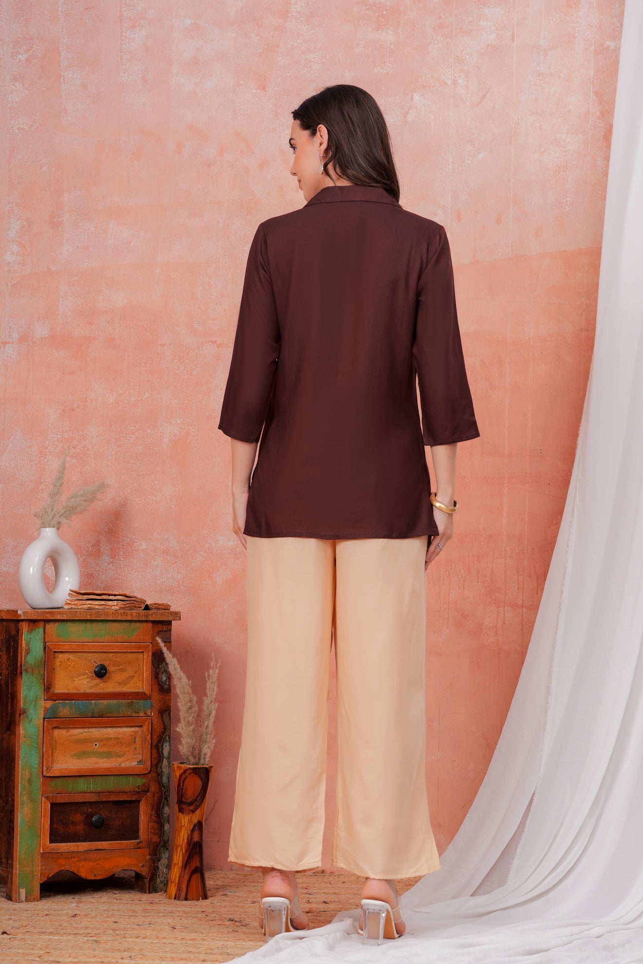 Women Brown Shirt Collar Top With Beige Palazzo Co-Ord Set