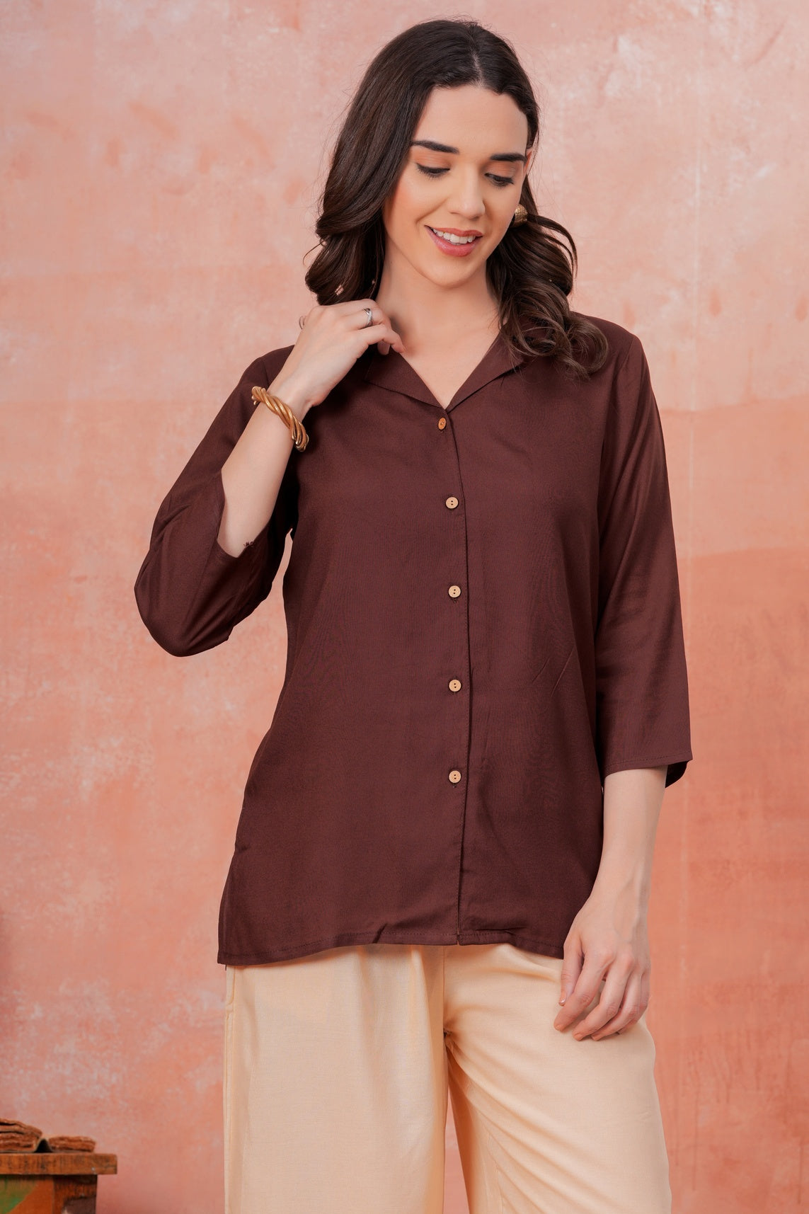 Women Brown Shirt Collar Top With Beige Palazzo Co-Ord Set