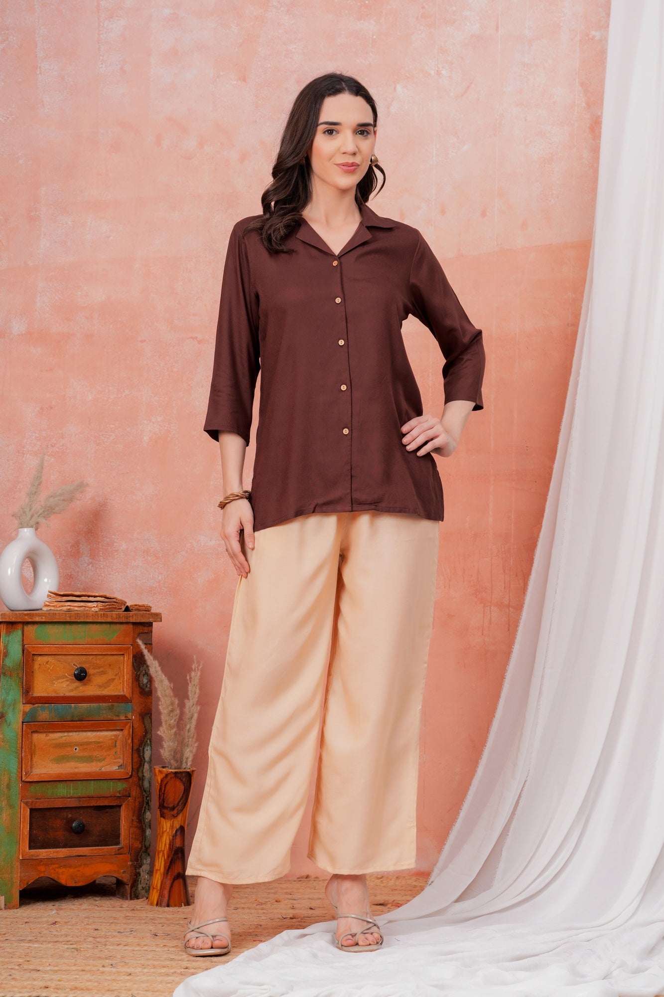 Women Brown Shirt Collar Top With Beige Palazzo Co-Ord Set