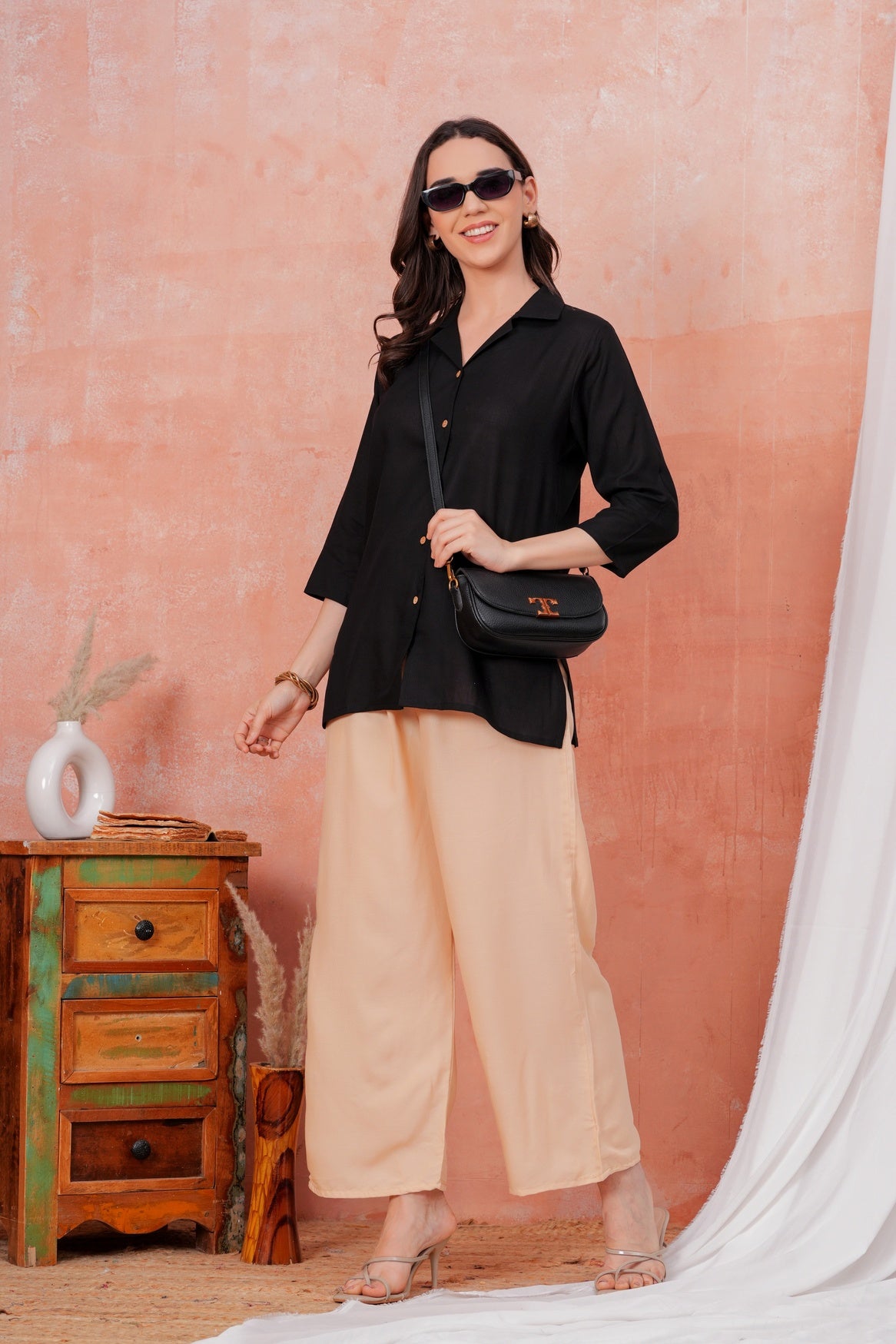 Women Black Shirt Collar Top With Beige Palazzo Co-Ord Set