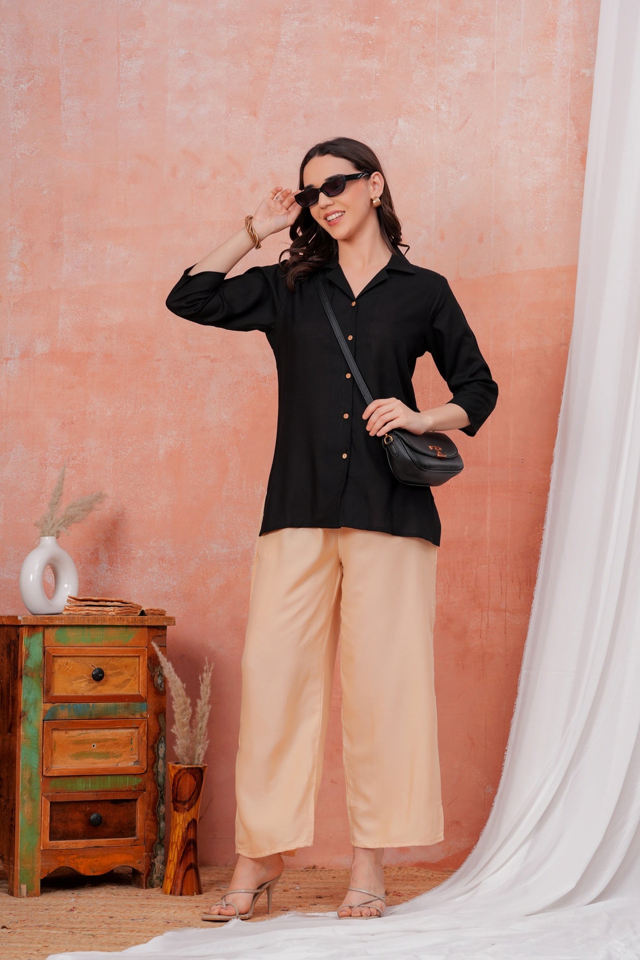 Women Black Shirt Collar Top With Beige Palazzo Co-Ord Set