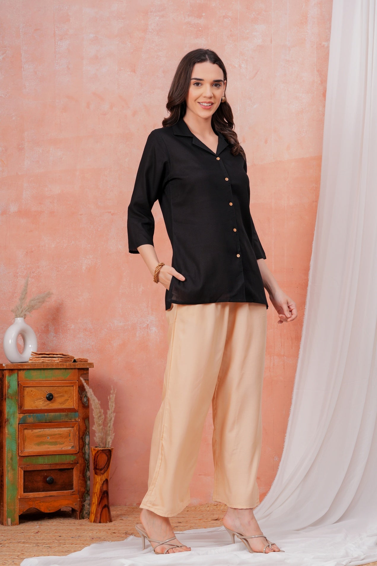 Women Black Shirt Collar Top With Beige Palazzo Co-Ord Set