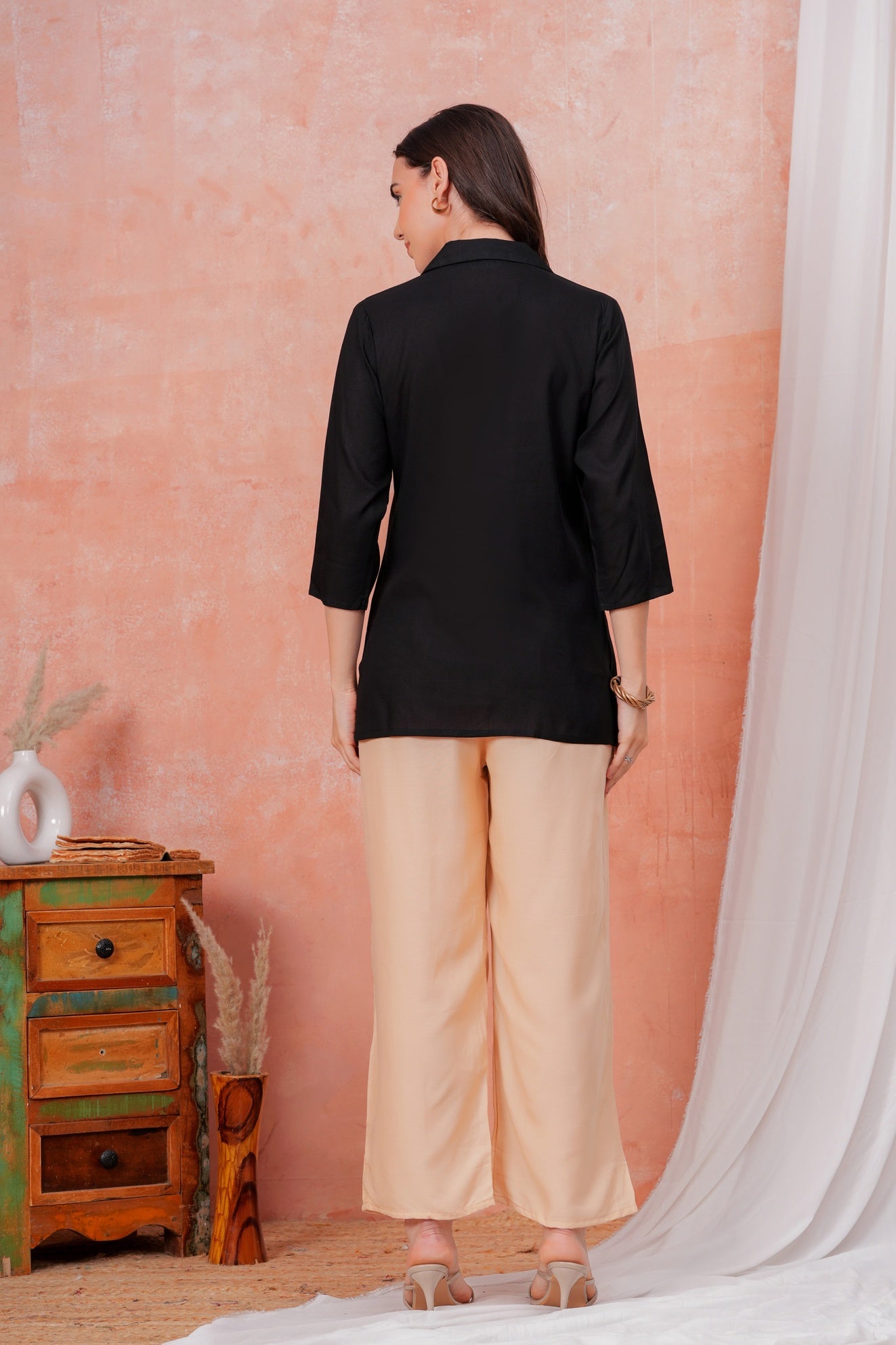 Women Black Shirt Collar Top With Beige Palazzo Co-Ord Set