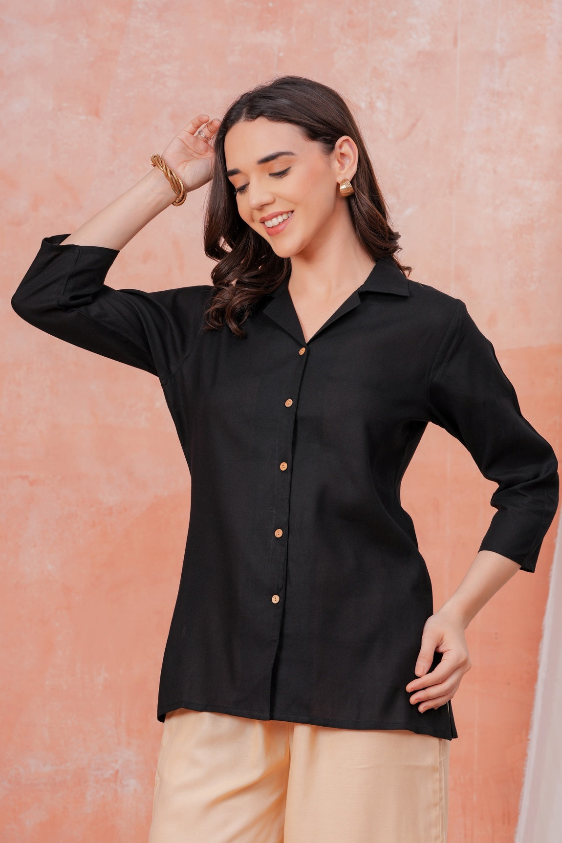Women Black Shirt Collar Top With Beige Palazzo Co-Ord Set