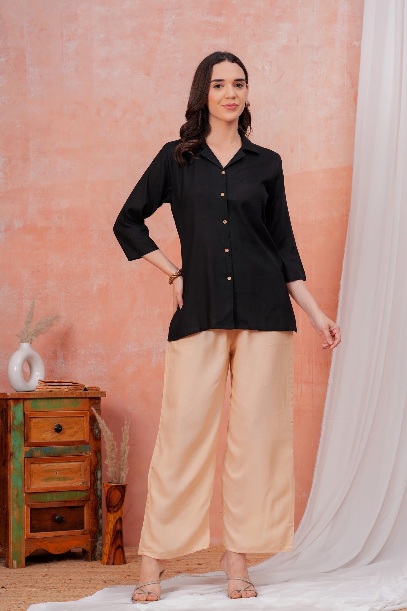 Women Black Shirt Collar Top With Beige Palazzo Co-Ord Set