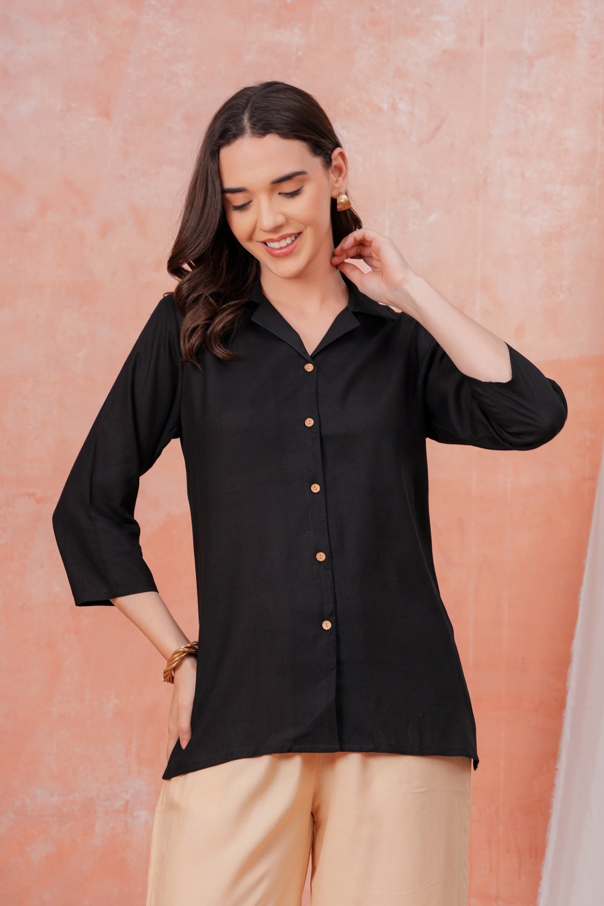 Women Black Shirt Collar Top With Beige Palazzo Co-Ord Set