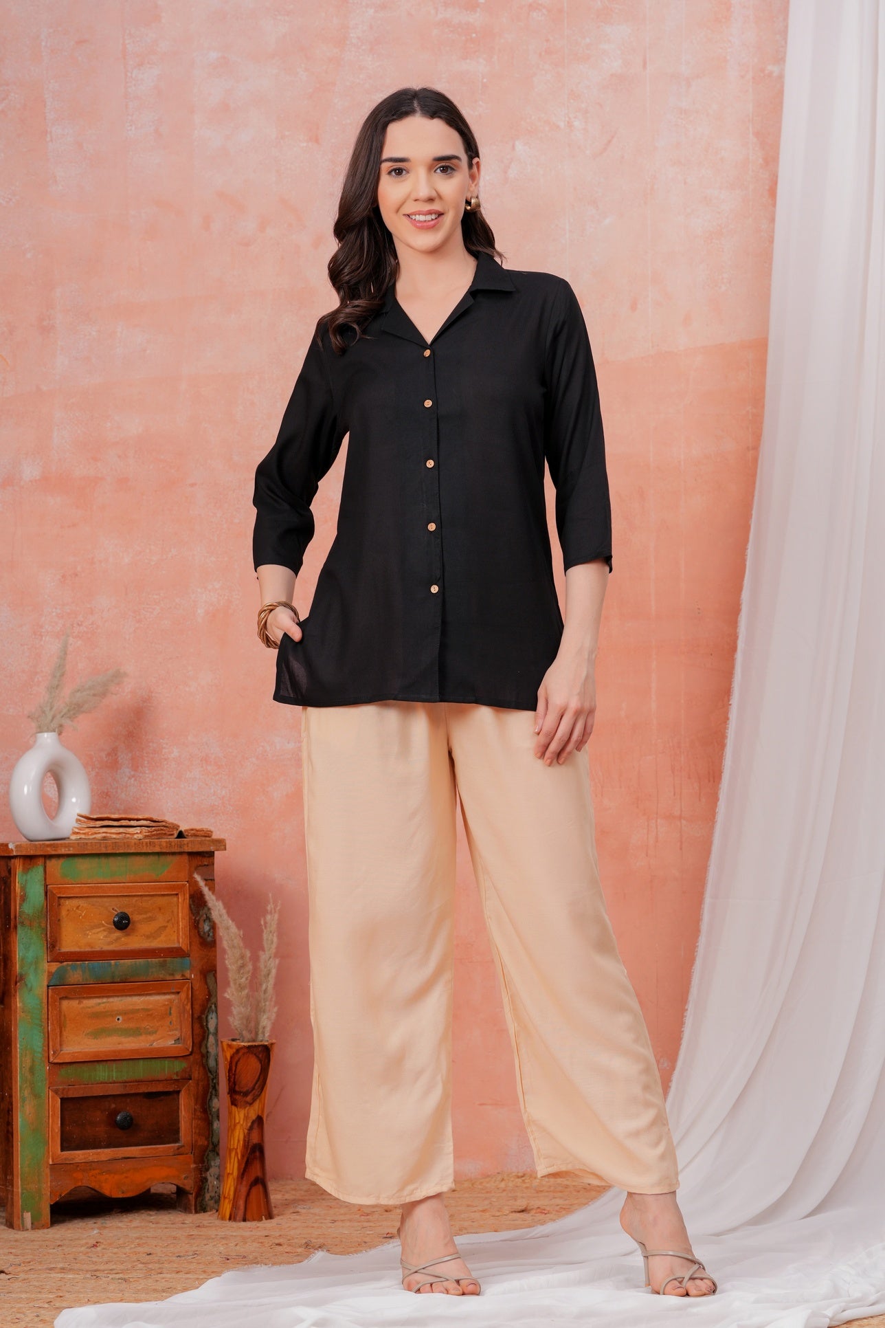 Women Black Shirt Collar Top With Beige Palazzo Co-Ord Set