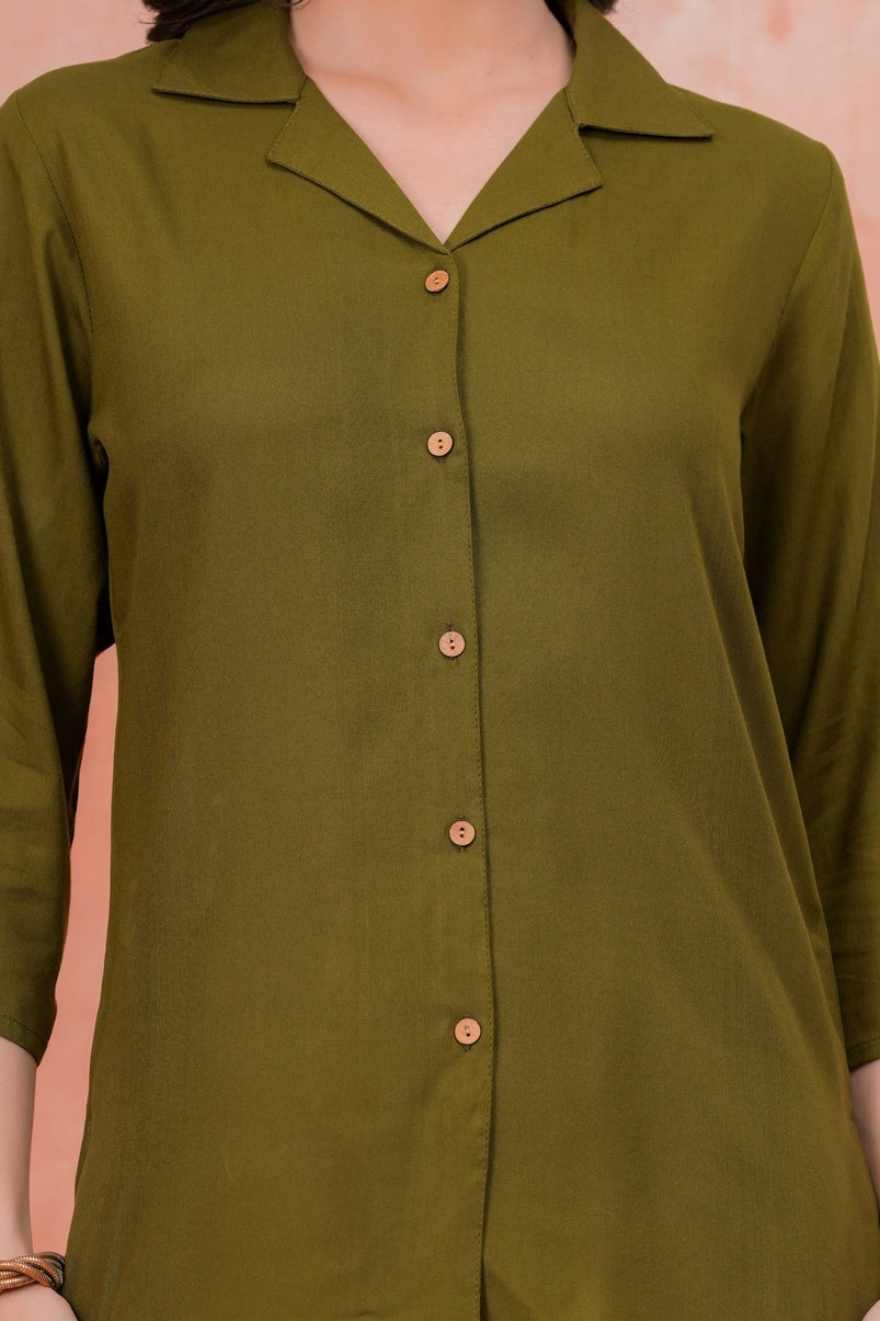 Women Green Shirt Collar Top With Beige Palazzo Co-Ord Set