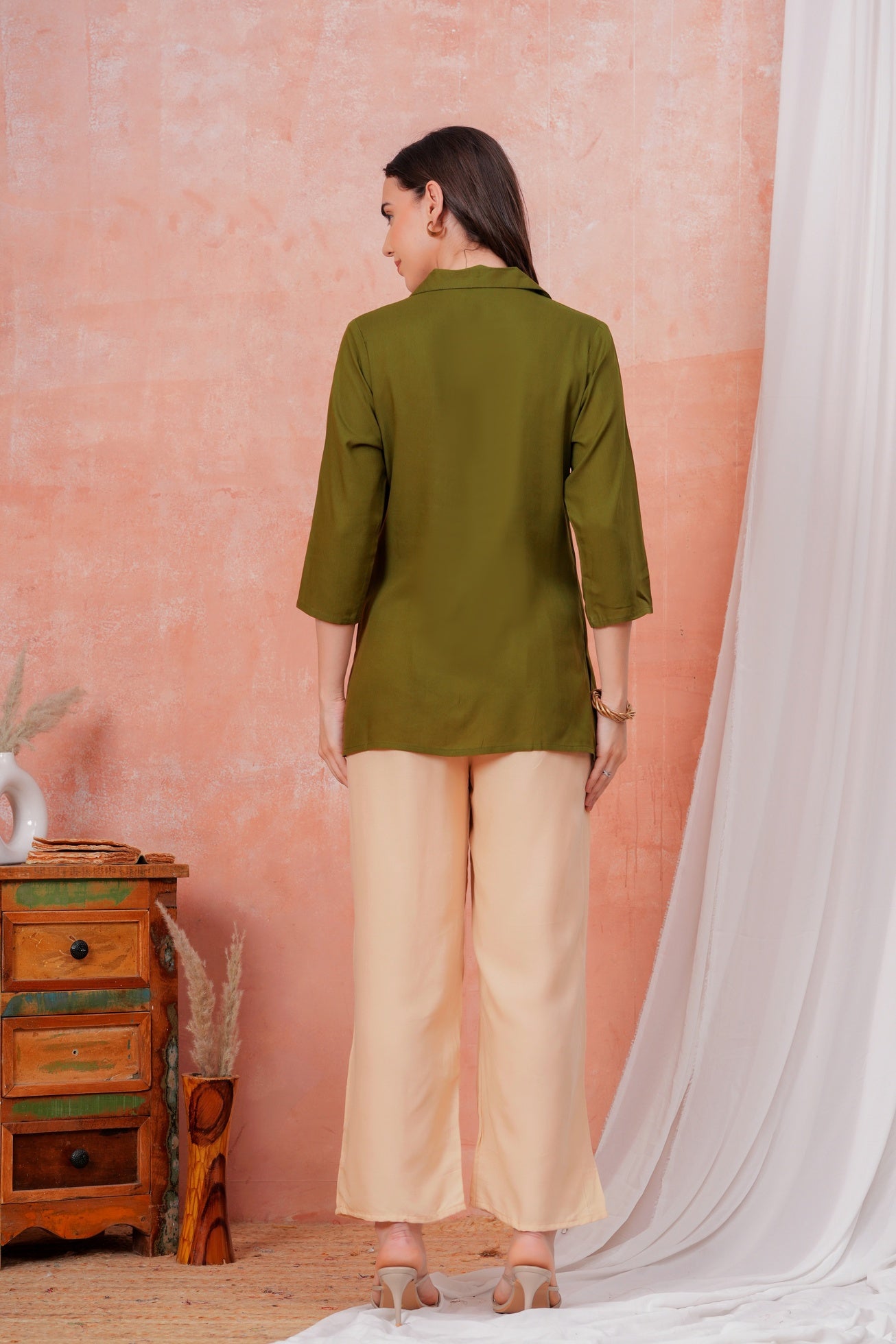 Women Green Shirt Collar Top With Beige Palazzo Co-Ord Set