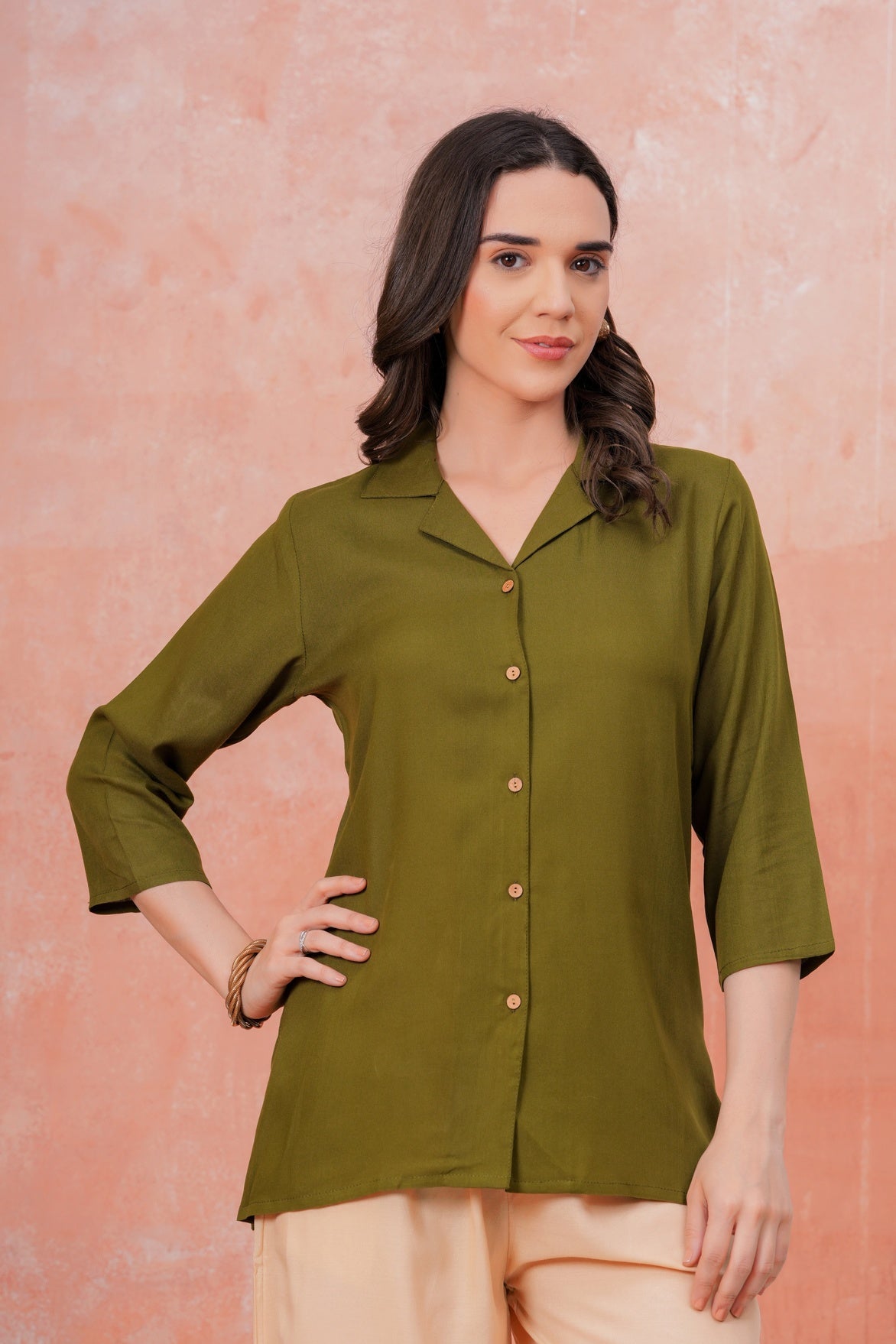 Women Green Shirt Collar Top With Beige Palazzo Co-Ord Set